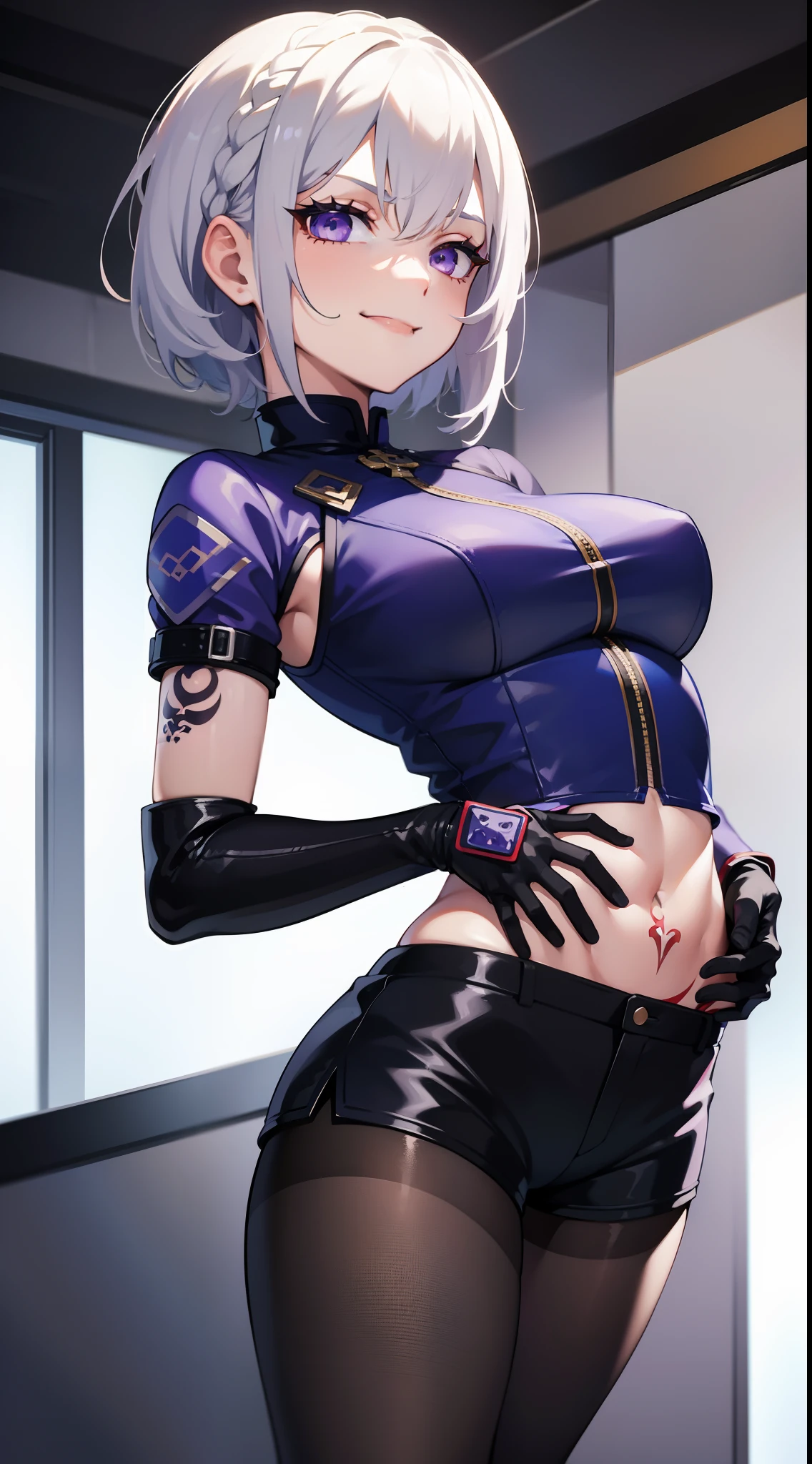 Teal hair, pussy sex slave tattoo, (hairy pussy:1.3), lifting up her shirt, sexy bra, (gigantic breasts), 4k, detailed face, anime stlye girl with large bright highly detailed gray eyes, wild short pixy hair cut hair style, wearing a blue and white skin tight long sleeve painted on top, sexy tongue, (robotic legs).
