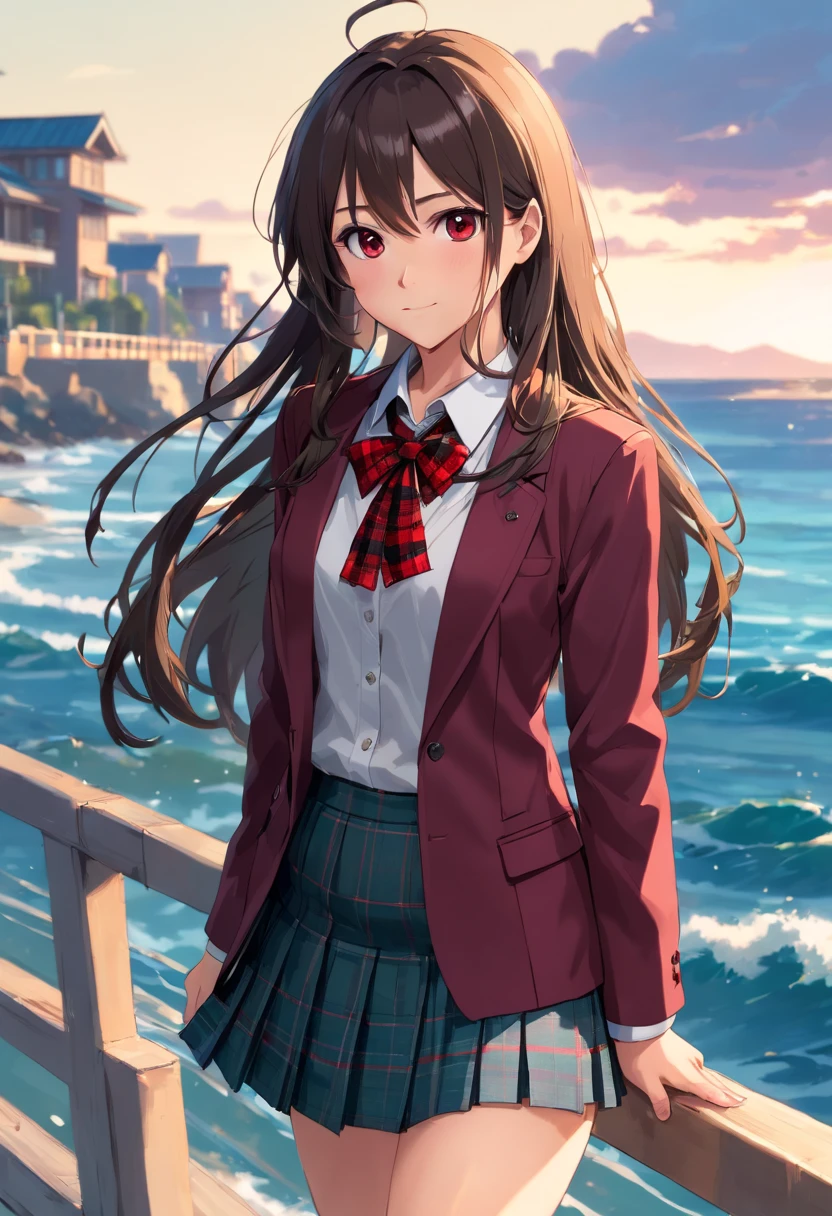 (masutepiece:1.2, top-quality), (Realistic, Photorealistic:1.4), Beautiful illustration, NSFW, Looking at Viewer, Cowboy Shot, Front view:0.6, 1 girl, Japanese, High School Girl, A dark-haired, (Long hair:1.8),  Bangs, hair between eye, Red Eyes, Beautiful hair, Beautiful face, Beautiful detailed eyes, Beautiful collarbone, Beautiful body, Beautiful chest, beautiful thigh, Beautiful legs, Beautiful fingers, (Beautiful scenery), early evening, cloudiness,By the sea,Winters, ((Maroon Blazer, Pleated mini-skirt, sox, Black Private School Uniforms:1.2, Houndstooth pleated skirt, Red plaid bow tie)),  ((enchanting posture: 1.2, attractiveness: 1.2)), (idle), (Upper Eyes, Smile), Shiny skin, Perfect face, Cute and symmetrical face, Natural side lighting, Movie Lighting), Walking,