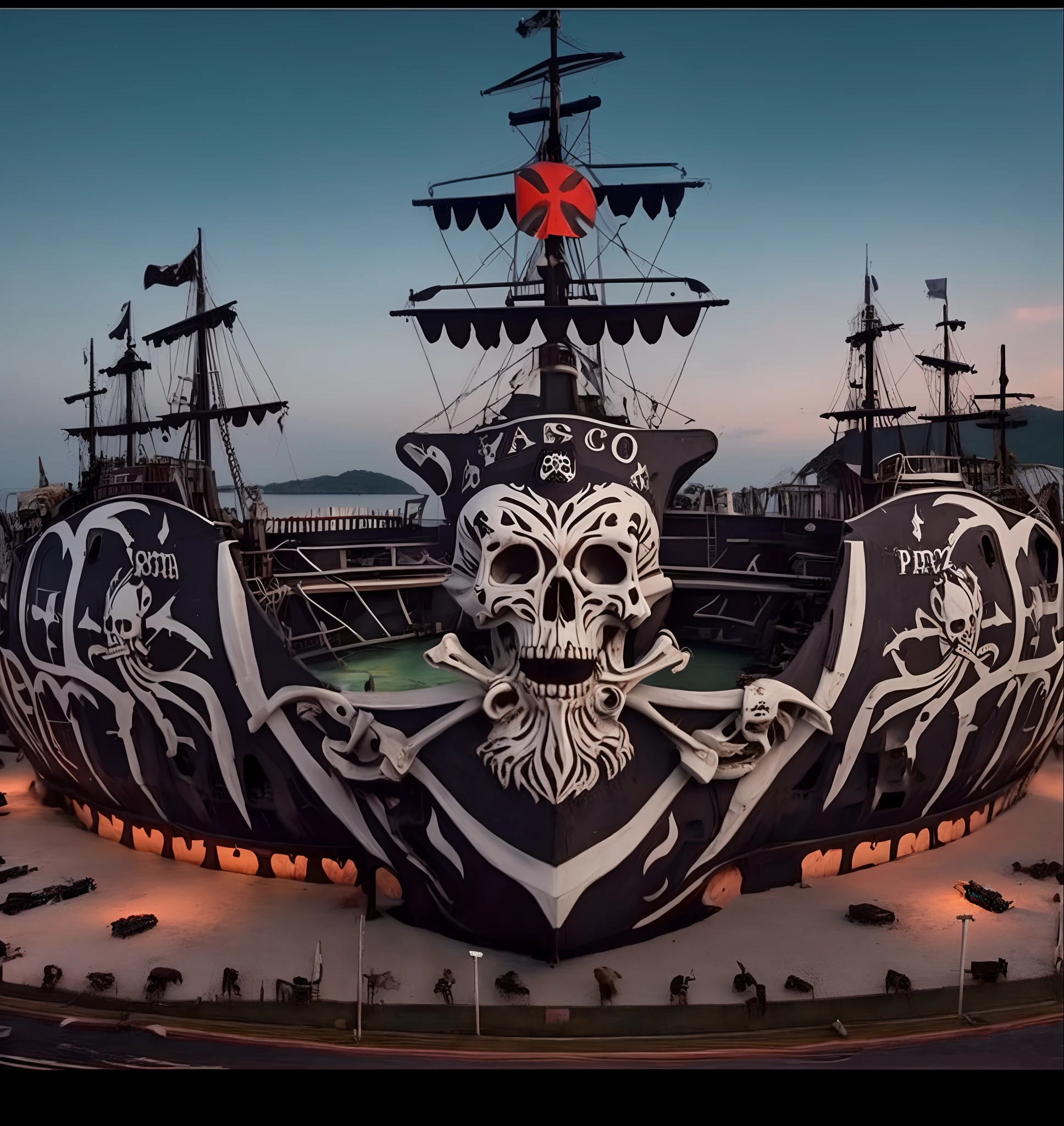 Arafed pirate ship with a skull and crossbones on it, um navio pirata impossivelmente enorme, nychos art aesthetic, Nychos, navio pirata neon, 8 k altamente detalhado ❤🔥 🔥 💀 🤖 🚀, esqueletos em um navio pirata, Incredible masterpiece, awesome art, navio pirata, Obra-prima maravilhosa, master part!, master part!!, Tema pirata