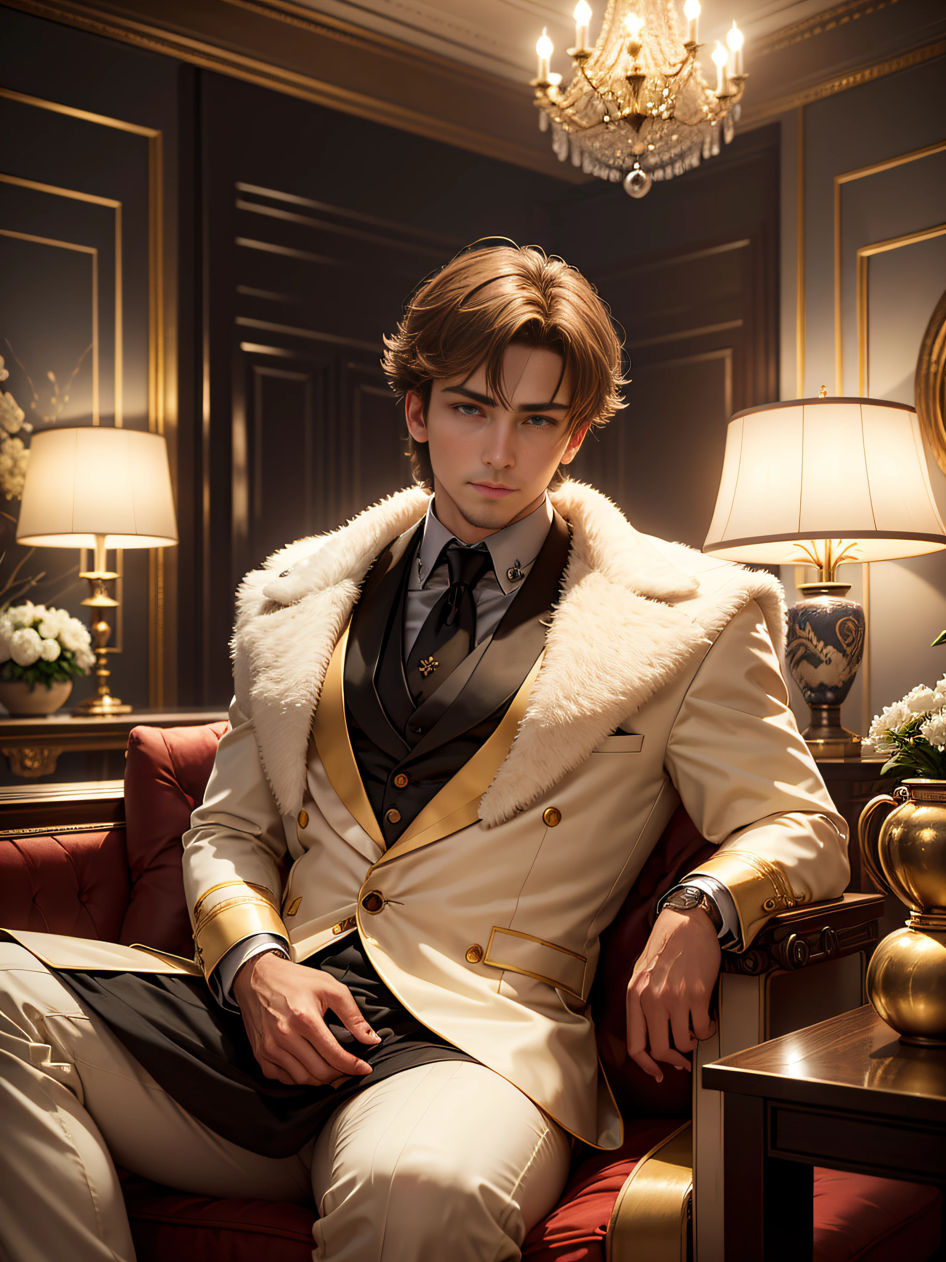 Portrait of one man、Bold composition、look up to、Men who are resurrected bodies of the Roman Emperor Constantine the Great、Greek、He is hard at work and competent.、Excellent businessman、Radiating the majesty of the emperor、charisma、Wearing a formal suit、Sitting on a sofa like a throne、Spacious、Deep smile、Fluffy hair、Lustrous chestnut hair、Bright and sharp eyes、Lion-like eyes、Meek and gentle、Sincere and kind、If gentle is necessary, be cold and resolute、gentlemanly、Dangerous ambition hidden in warmth、Magnificent houseplants、Large desk、Polished floor、Calm indirect lighting、Contemporary interior of a high-rise building、Tastefully furnished、Elegant and luxurious atmosphere、Night view of Athens、A glittering city night view spreads out from the window.、Dense aura、Attract with magnetic attraction、The emperor's intimidation、​masterpiece、top-quality、The ultra -The high-definition、Super beautiful、ultra-detailliert、Ultra-high resolution、masterwork、God's work、