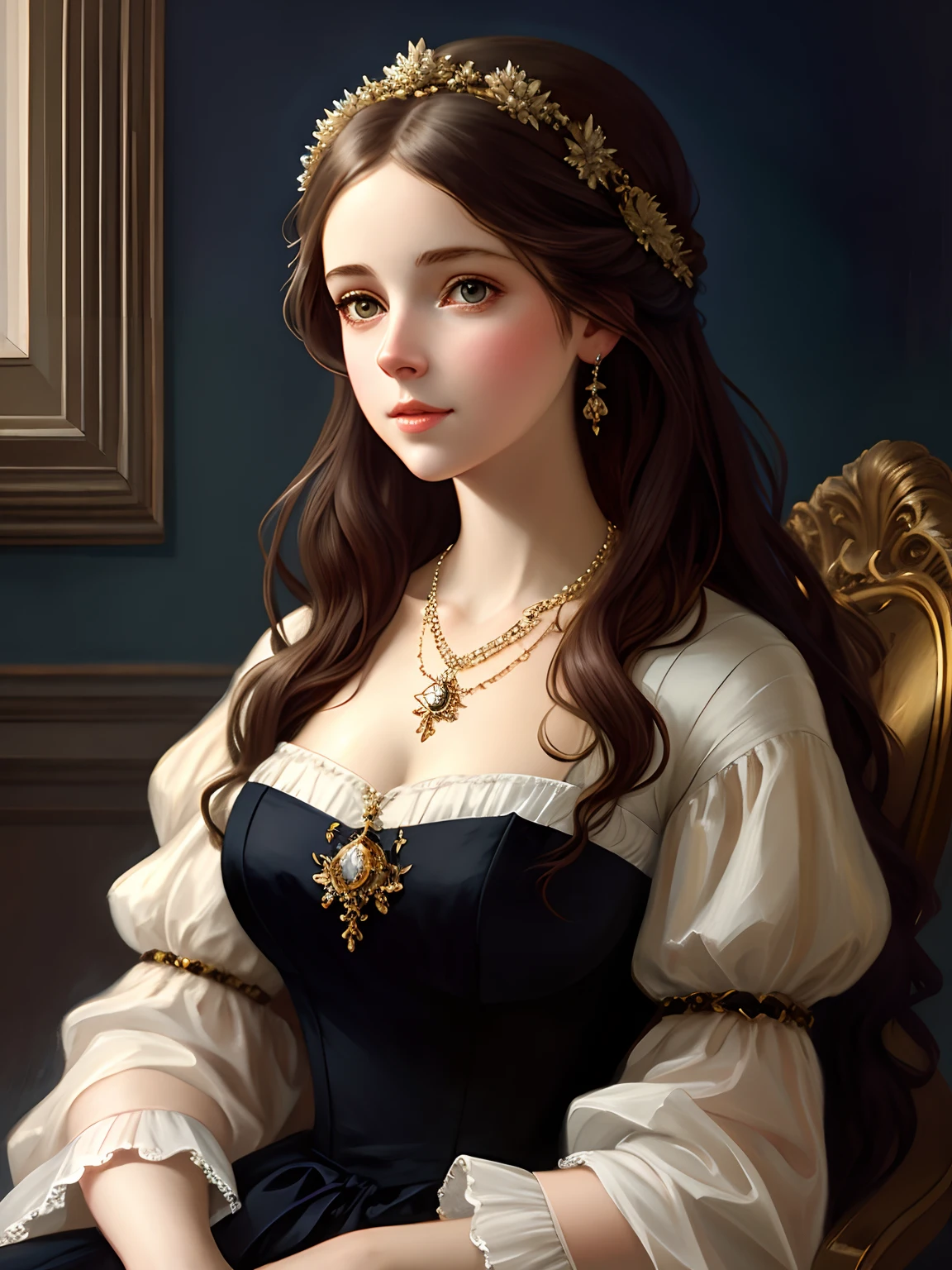 a painting of a woman with a necklace and a dress, in the art style of bowater, very beautiful portrait, in style of wlop, beautiful character painting, realistic cute girl painting, the style of wlop, gorgeous digital painting, artwork in the style of guweiz, elegant digital painting, baroque digital painting, detailed beautiful portrait, oil painting style, modest,
