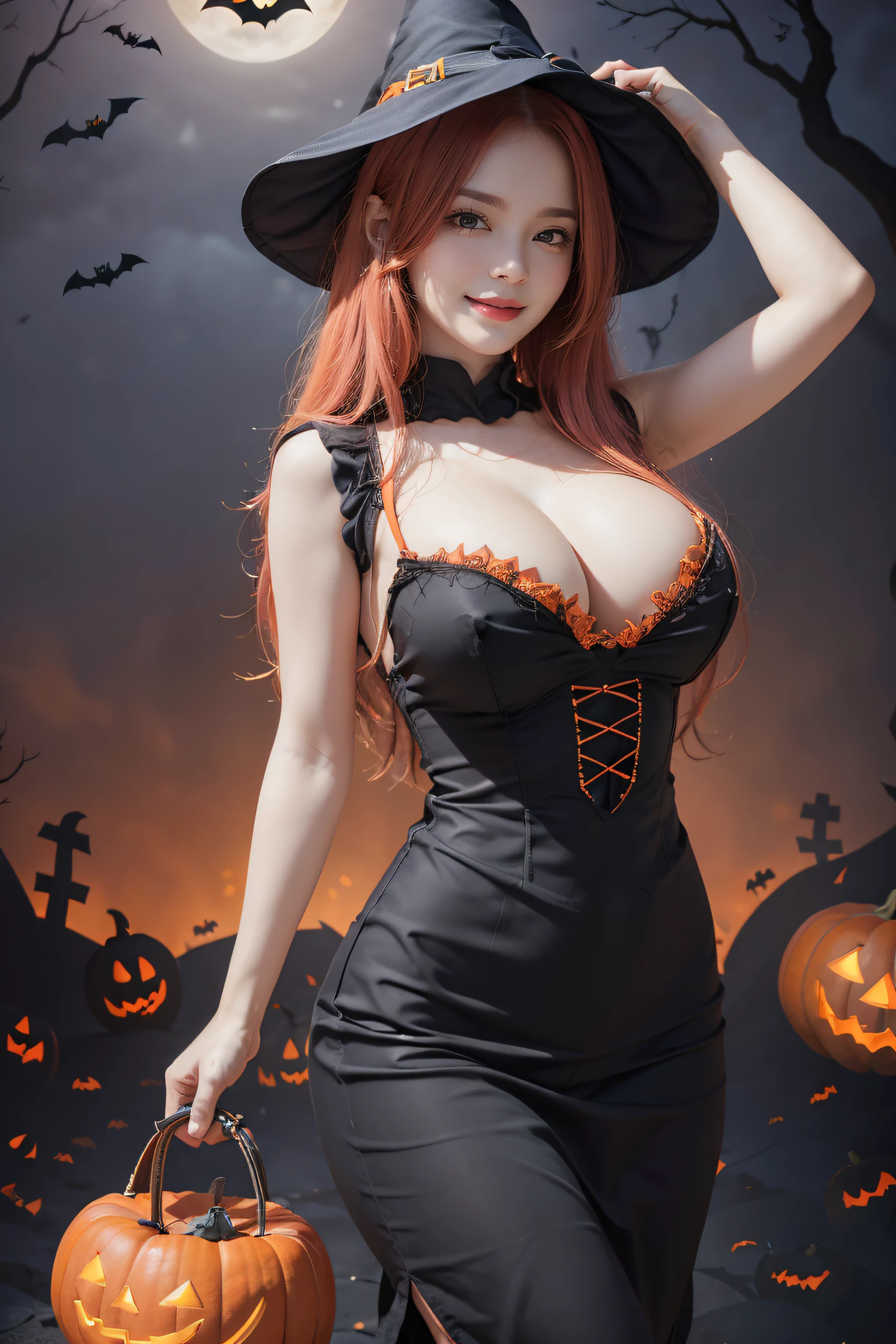 (Halloween theme:1.5), (fantasy:1.5), upper body portrait of a tall very busty beautiful women wearing halloween witch costume, skin tight full lacy ultra detailed embroidery Dirndl, (fusion of orange Dirndl and aodai:1.2), (Hood), BREAK, ((;D1.3, evil smile:1.2)), perfect face,perfect eyes,HD details,high details,sharp focus,studio photo,HD makeup,shimmery makeup,celebrity makeup,(( centered image)) (HD render)Studio portrait,magic, magical, fantasy,(huge breast)(large breast), halloween house, jack-o' challenge, pink hair, halloween background, bright pumpkin, (arms down),(arms behind),