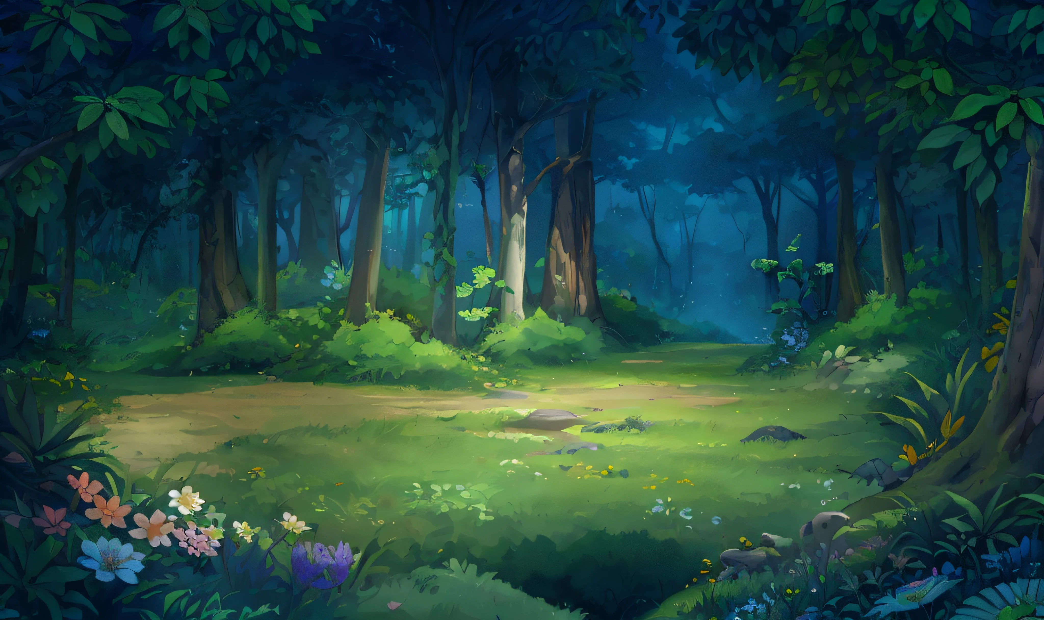A fairytale forest,Dense jungle,There are woods, grasses, flowers and butterflies,comic strip,illustration,Original painting scene,hyper HD,Extremely detailed,Ultra high quality,