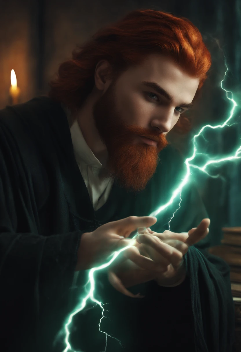 90's style adult with red ginger beard. brown black hair Wizard, Hogwarts student () digital art, chilling, awesome lightning, in his room, practicing magic with floating knives and orbs. Must have black hair on head. electricity magic on his hands