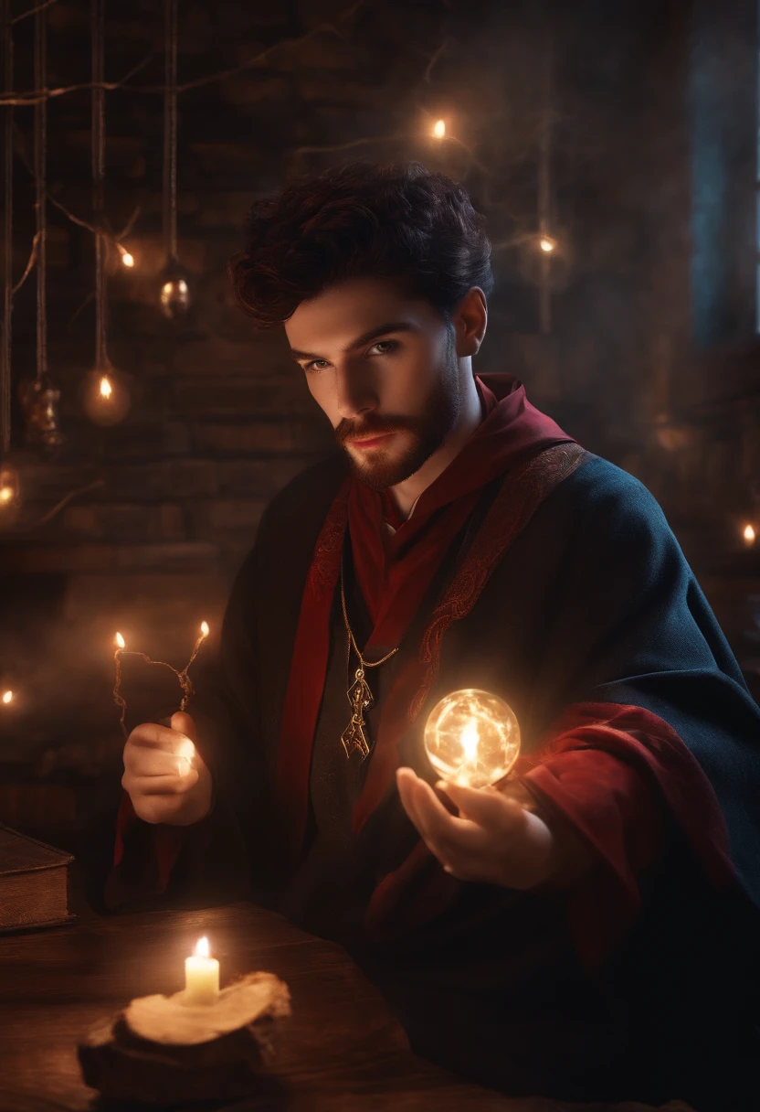 90's style adult with red ginger beard. brown black hair Wizard, Hogwarts student () digital art, chilling, awesome lightning, in his room, practicing magic with floating knives and orbs. Must have black hair on head. electricity magic on his hands