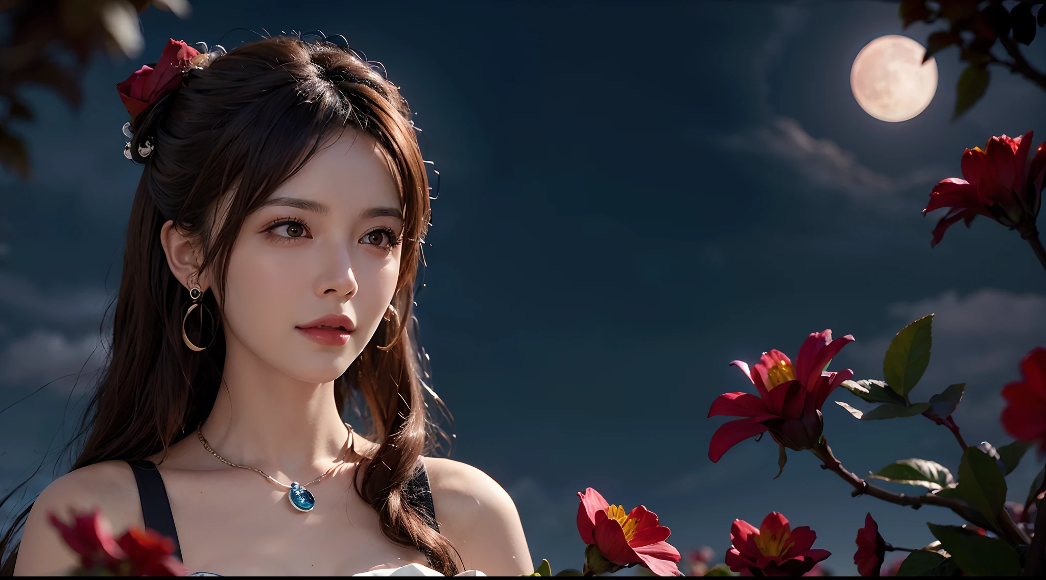 1girl, blurry, blurry_background, brown_eyes, brown_hair, depth_of_field, earrings, flower, full_moon, hair_flower, hair_ornament, lips, looking_at_viewer, moon, moonlight, night, night_sky, outdoors, red_flower, red_moon, sky, solo