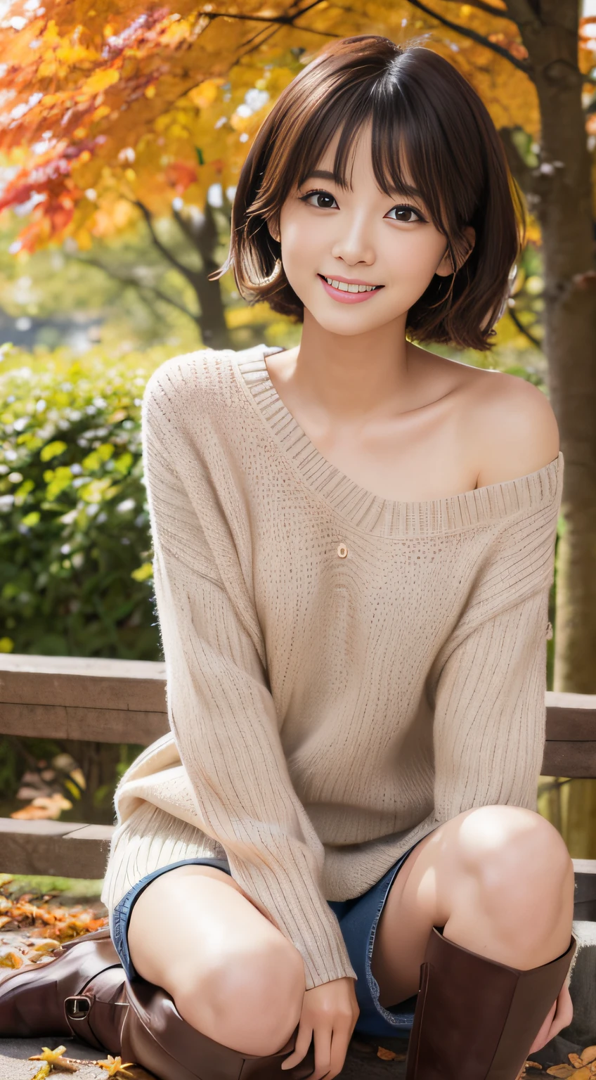 (photographed:1.2)、(Photorealsitic:1.4)、(masterpiece:1.3)、(top-quality:1.4)、超A high resolution、(A detailed eye)、(detailed facial features)、(detailed clothes features)、8K分辨率、solofocus、bangss、Double eyelids、Beautiful lips、toned legs、(Slender girl)、(a japanese girl)、(Japan Faces)、1 girl in、Slim Beauty:1.3、brown haired、Delicate hair、The background is a row of ginkgo trees、(((Autumn clothes、white t-shirts、Light blue long-sleeved cardigan、Beige long skirt)))、In the street、(Beautiful breasts:1.2)、Realistic body、de pele branca、Slim body、(short-hair:1.2)、(bangss: 1.2)、Bruises and ugly face、kawaii faces、Lifelike face、Delicate body、((sexy pose))、stunning lighting