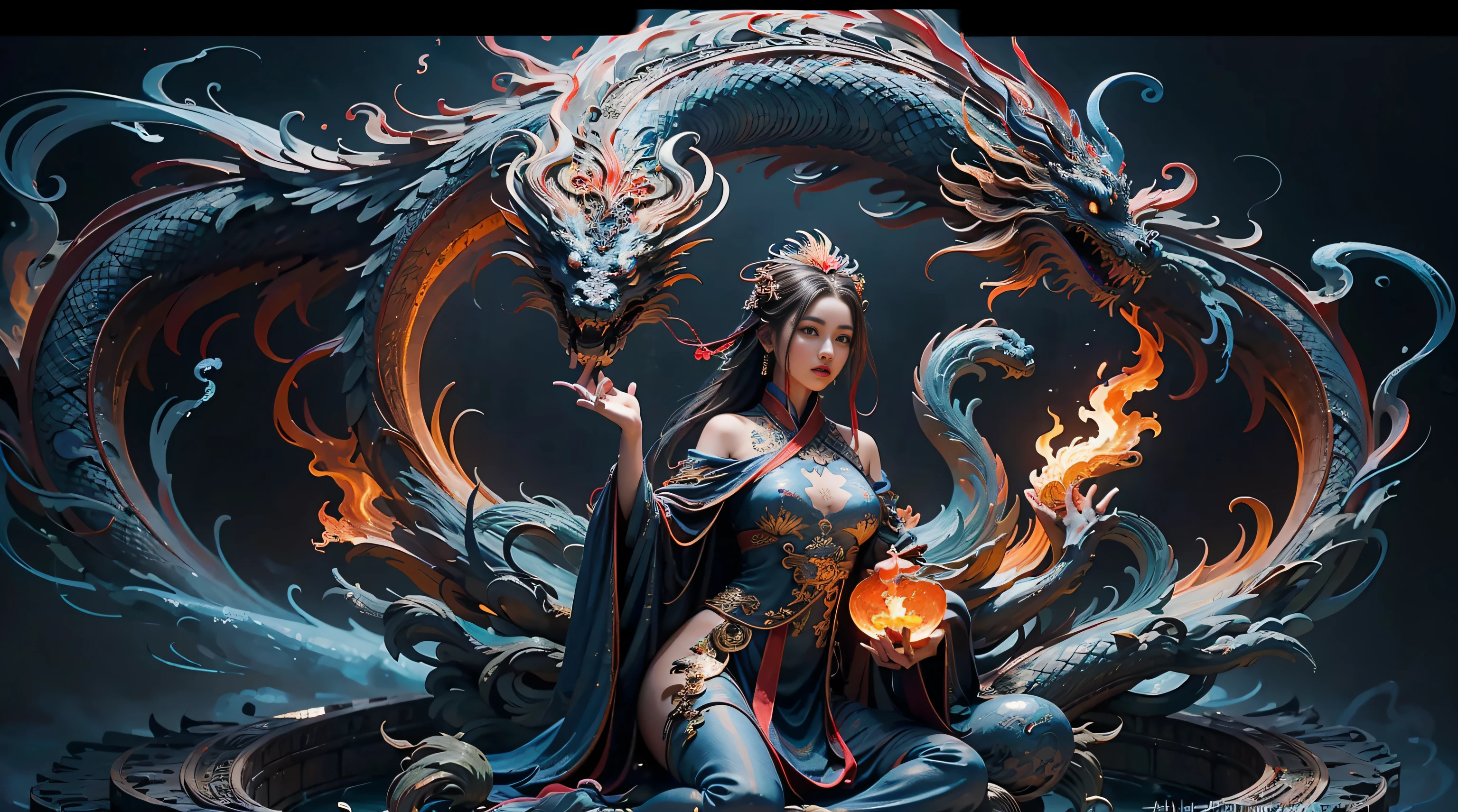 (delicate gorgeous brocade silk + delicate face + feminine makeup + beautiful korean), Taoist metaphysics, sitting cross-legged in the water, cultivating immortals, a blue dragon on the left side spits out blue flame + the right side lies on the fire dragon spits out flame, (left hand blue flame + right hand red flame), background ice and fire alternating gossip diagram + movement effect), (yushui + yuhuo), cold and warm tones, water and fire are incompatible, yin and yang harmonize, left and right balance, power balance picture, form a gossip array, picture echoes, and its coordination, normal female fingers, The picture is correctly proportioned, full body