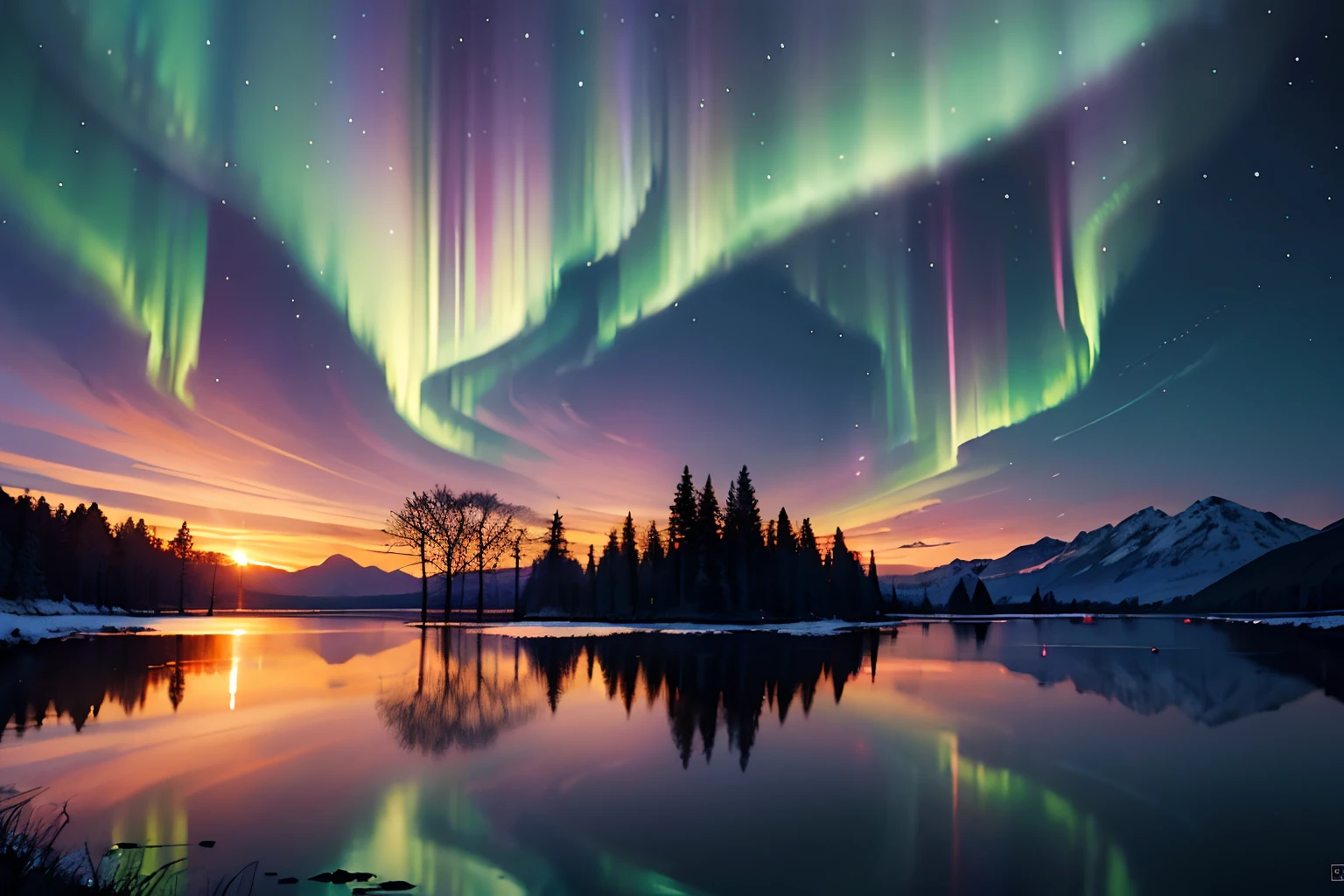 aurora、starrysky、land、tmasterpiece、top-quality、超A high resolution、8K、Brilliant colors、the trees々In the background is the swaying Northern Lights。A wonderful view of the Northern Lights reflected on the surface of the lake。Winters、Yuki、starrysky、Meteor swarm