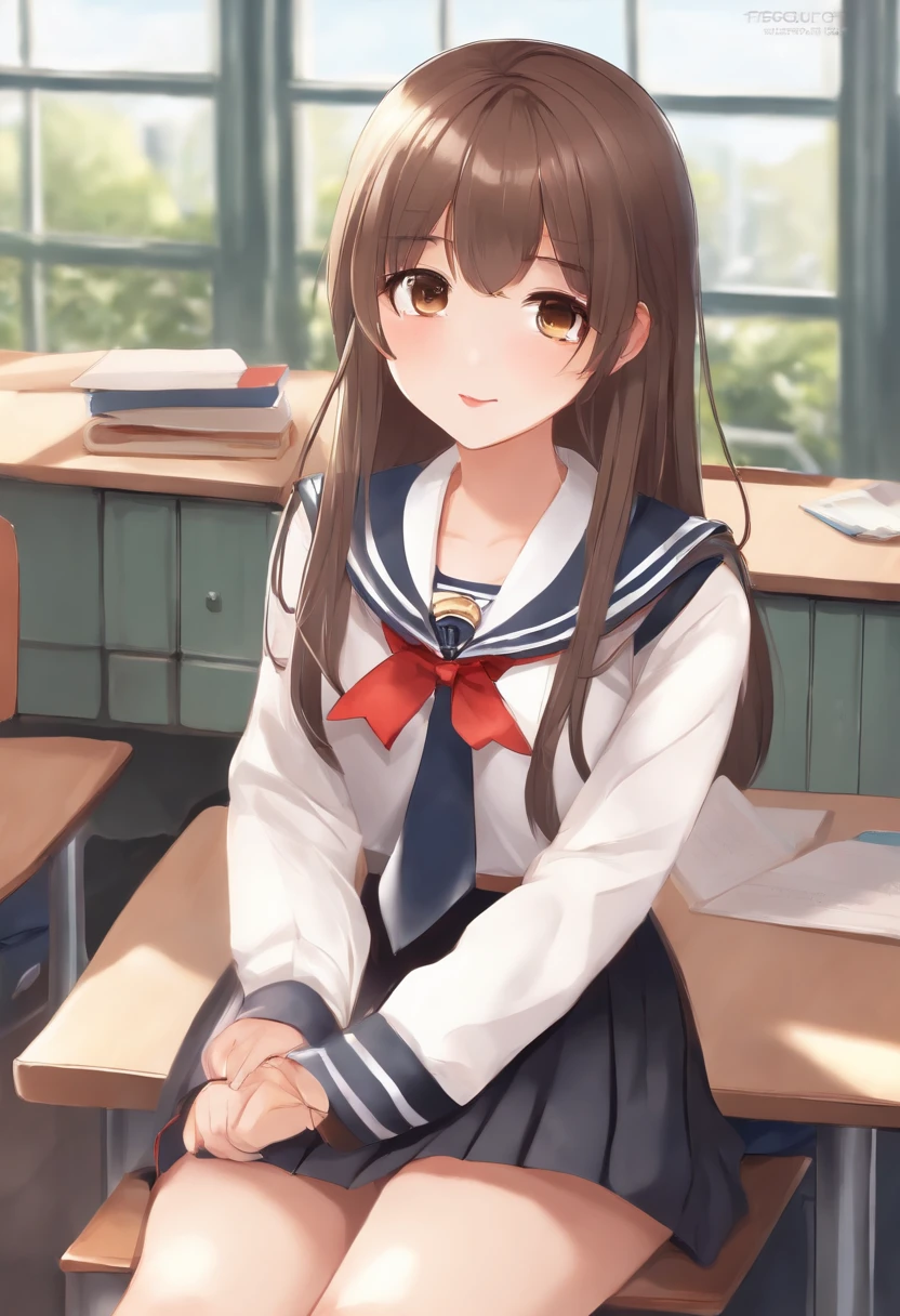 ((masterpiece, best quality)),best aesthetic,1girl, school uniform, desk, sitting, school desk, brown hair, classroom, long hair, indoors, chair, looking at viewer, :p, solo focus, brown eyes, skirt, long sleeves, pencil, 1 boy, pencil case, paper, black serafuku, multiple girls, pleated skirt, sailor collar, bangs, headrest, school bag, school chair