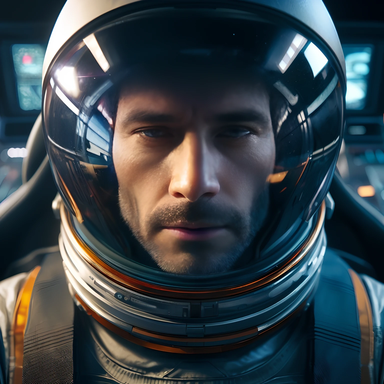 a close up of a man in a space suit with a helmet on, portrait of an ai astronaut, highly detailed vfx portrait, highly detailed vfx portrait of, futuristic astronaut, anton fadeev 8 k, 8k portrait render, beeple. octane render, sci - fi pilot, wojtek fus, beeple and tim hildebrandt