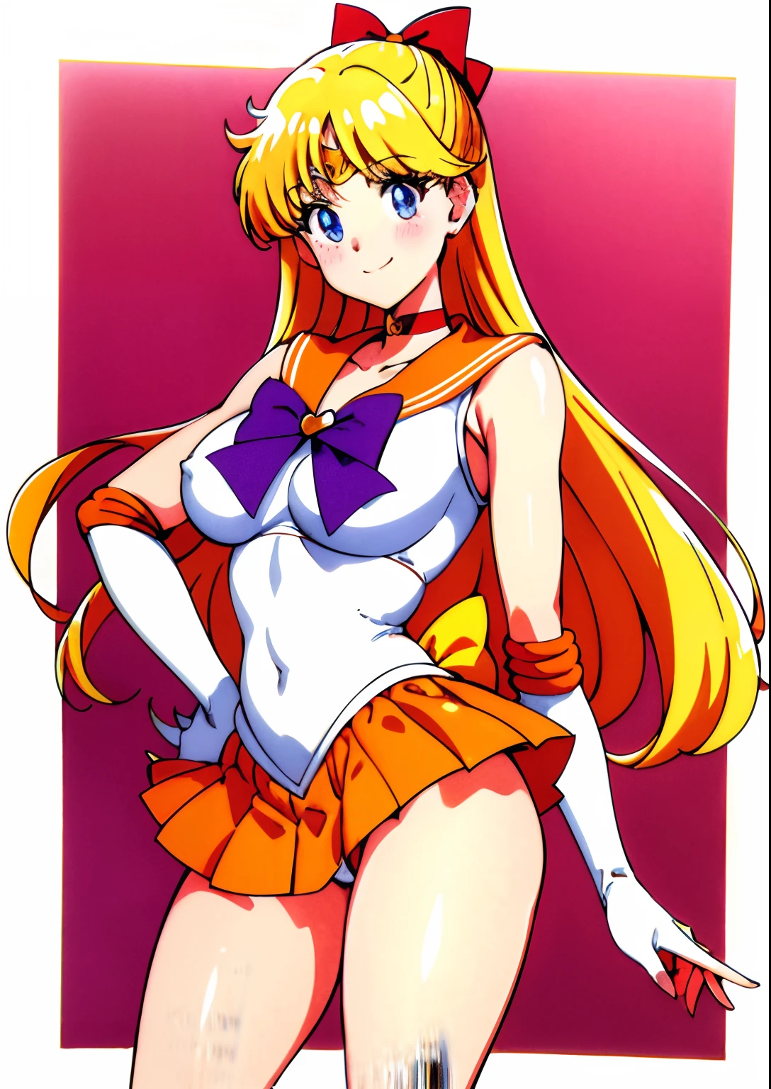 aino minako、Sailor Senshi Uniform、Anime Aunt、A MILF、a matural female、Older、age 40s、MILF、orangechoker、gold choker、elbowgloves、sailorvenus、Very long blonde woman、Orange miniskirt、Gold miniskirt、 white glove、Orange sailor collar、Gold sailor collar、solo、Woman with very large breasts, Red ribbons、White leotard、highleg、highleg leotard、robe blanche、purple bowtie、magical 、耳Nipple Ring、smile、heart_background、traditional_media、jewelry、circlet、Blue-eyed woman、looking_at_viewer、shiny、Half Up Hair、mature、rating:questionable、closed_mouth、pleatedskirt、wide-hips、cowboy_shot、impossible_clothes、bangs、shiny_skin、purple_background、Woman standing、eyebrows_visible_through_hair、shiny_hair、blush、rating:safe、bare legs、Bare shoulders、1990's\(styles\)