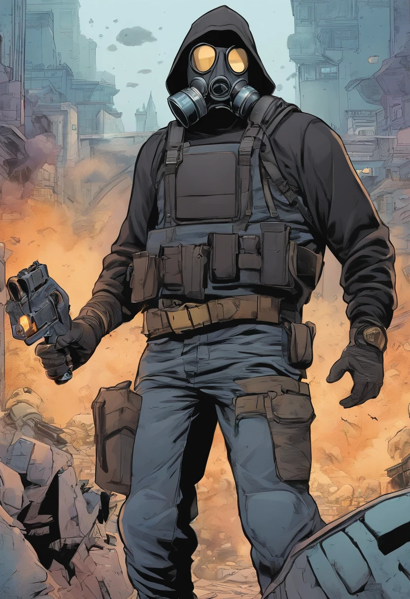 Man with black shirt, black pants with gun holsters, gloves, a black gas mask with one sided filter, helmet, no face, comes out of the fog