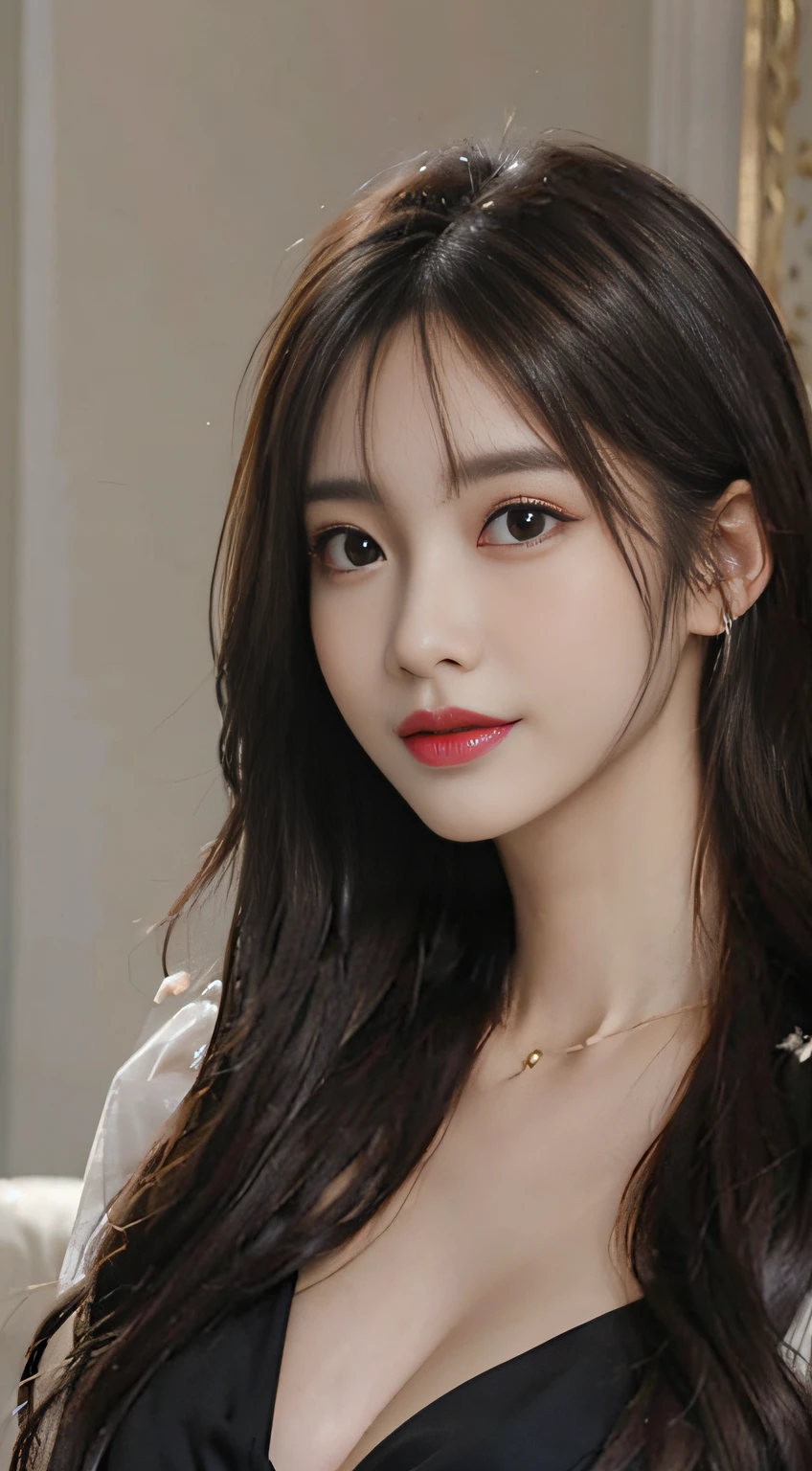 (((Brown long hair))), (Louvre Museum), Pose Seductive, (A hyper-realistic), (Illustration), (Increased resolution), (8KUHD), (Extremely detailed), (Best Illustration), (Beautiful and detailed eyes), (Best Quality), (ultra-detailliert), (masutepiece ), ( Wallpaper), (Detailed face), Solo, 1人の女性, Fine details, Detailed face, Deep Shadows, lowkey, pureerosfaceace_v1, Smiling, 46 point slanted bangs、Black see-through blouse with collar、cleavage of the breast、Big necklace、large earring、