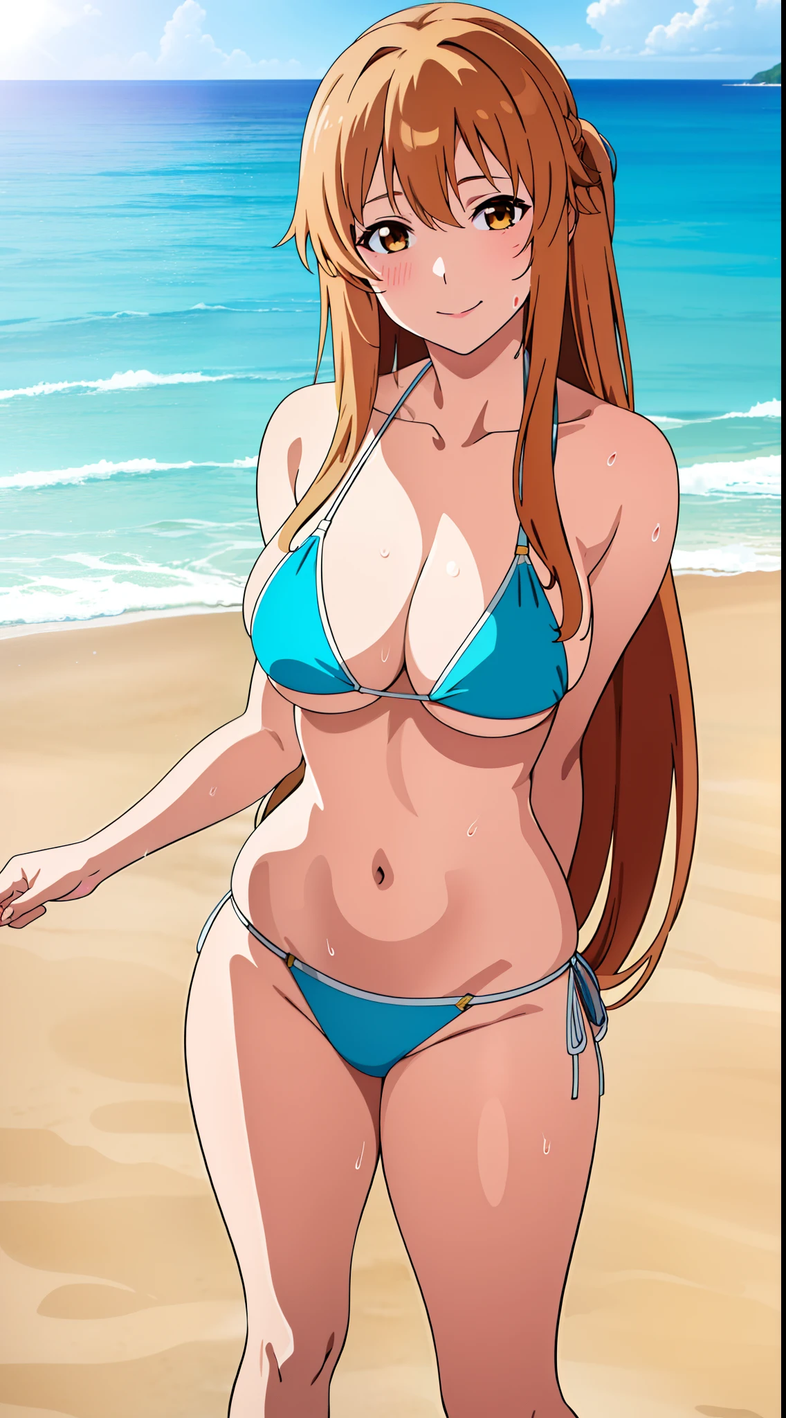 (best quality:1.5, highres, UHD, 4K, detailed lighting, shaders), asuna yuuki, light brown long hair, busty, bikini, standing, sweaty, pov, close shot, smiling, beach background