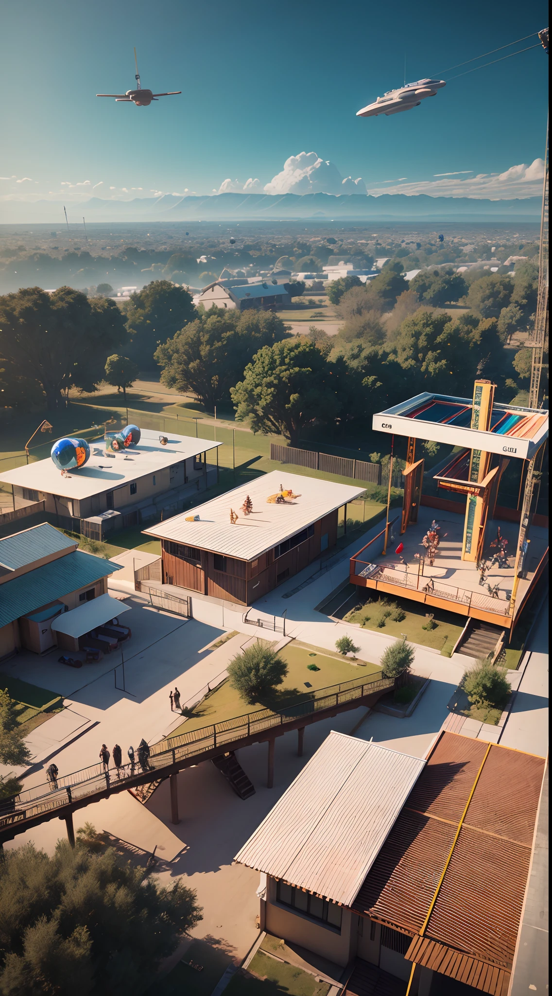 Aerial view shot of an African playground full of playing African children dressed in african designed futuristic clothes, with marks around the face, spaceships flying in the sky, futuristic drones flying in the sky, futuristic swings and trampolines and children games in the scene, bright and vibrant light shining, with iridescent light, scifi art, cinematic lighting, artgerm style, 32k, ultra HD, unreal engine rendered, octane 3d rendering, highly detailed images --auto --s2
