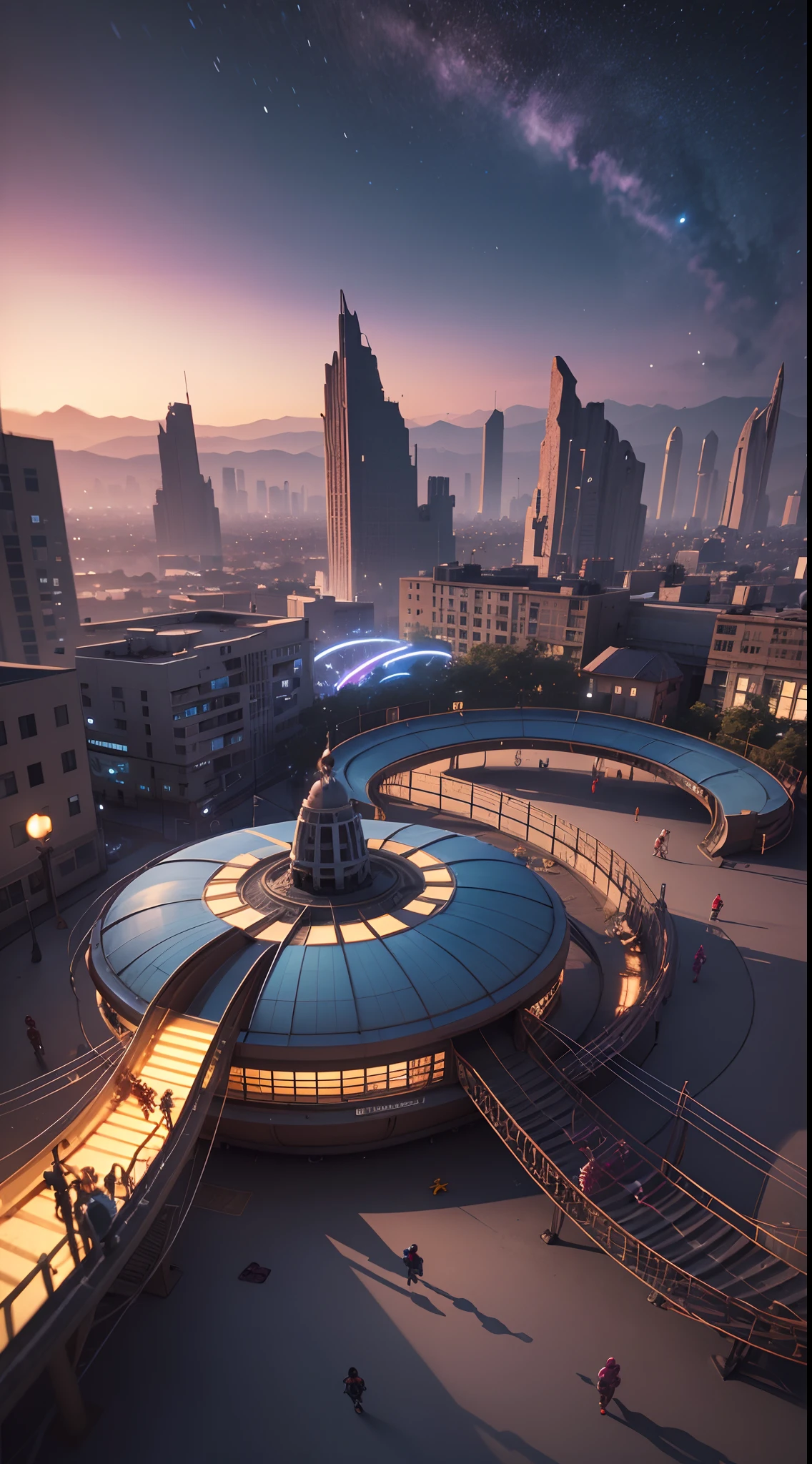 Aerial view shot of an African playground full of playing African children dressed in african designed futuristic clothes, with marks around the face, spaceships flying in the sky, futuristic drones flying in the sky, futuristic swings and trampolines and children games in the scene, bright and vibrant light shining, with iridescent light, scifi art, cinematic lighting, artgerm style, 32k, ultra HD, unreal engine rendered, octane 3d rendering, highly detailed images --auto --s2