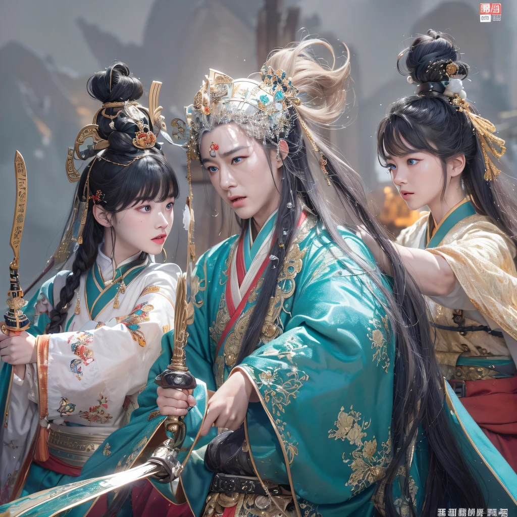 (Extremely detailed Cg Unity 8K wallpaper,Masterpiece, Best quality, Ultra-detailed)He plays Huang Yaoshi in the movie,His performance is very natural and fluid,He will become the humor of the yellow medicine master、Funny、affectionate、Boldness and other characteristics are vividly expressed,Let the audience have a strong interest and love for his role, playing the third princess in the movie,Her performance is very humorous and funny,She will be the naughty of the three princesses、adolable、Characteristics such as willfulness and boldness are well expressed,Let the audience have a strong interest in and love her role as Ouyang Feng in the movie,His performance is very natural and humorous,He will make out with Ouyang Feng、spoony、Characteristics such as persistence and madness are well expressed,Let the audience have a strong interest and love for his role, and play Hong Qigong in the movie,His performances are very funny and humorous,He will eat Hong Qigong's gluttony、adolable、Interesting and bold features are well expressed,Let the audience have a strong interest in and love his role, and play the role of the little junior sister in the movie,Her performance is natural and cute,She will be the naivety of the little senior sister、adolable、Characteristics such as willfulness and boldness are well expressed,Let the audience have a strong interest in her character,Love children,Blue eyes with long blonde hair and sparkling gothic lights)