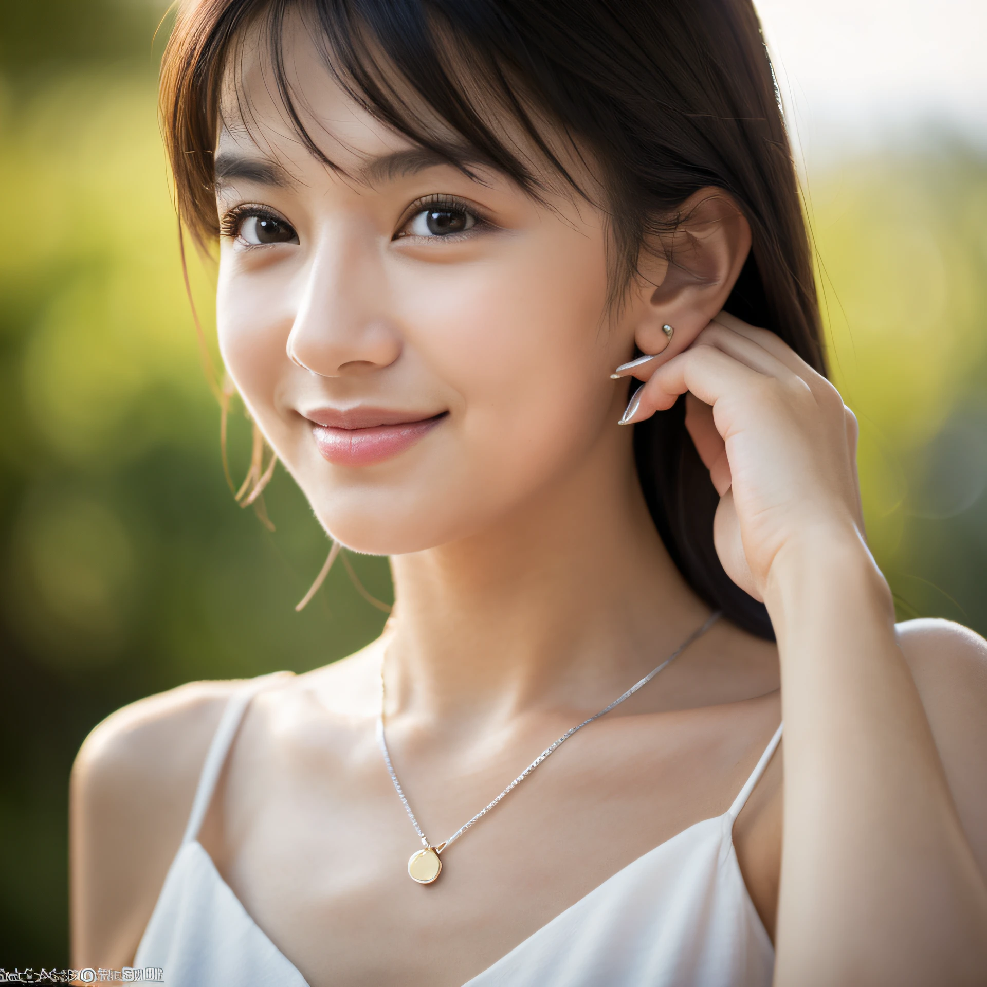 (8K, top-quality, ​masterpiece:1.3, 超A high resolution, A hyper-realistic), High Detail, (Face like the real thing), Photorealsitic, Raw foto, ((one beautiful women)), 28 year old, Detailed face, beautidful eyes, realisticeyes, Eyes in Beautiful Details, (real looking skin), Beautiful skins, enticing, depth of fields, hight resolution, High pixel count, clear details, sharp photo, Natural color reproduction, Noise Reduction, High fidelity, (Recommending products at the sales venue), Everyday clothes, Neat and clean clothing, small tits, Sexy lips, Ears are visible, Looking away, Natural perspective, (Don't look into the viewer's eyes), a smile, kindly smile, Beautiful skins, enticing, the golden ratio, (Detal Face:1.2), profetional lighting, Lighting the face, best light, japanes，japanaese girl, Photo of a cute Japanese woman, Small necklace, Thin Silver Necklace, simple background
