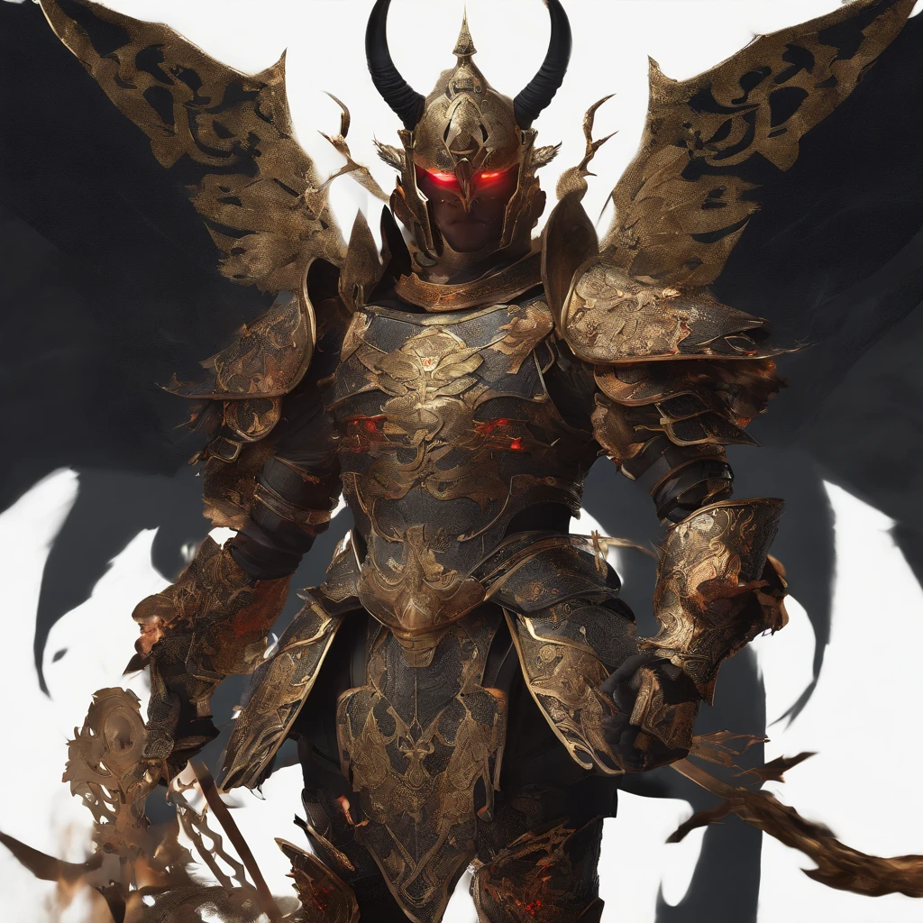 warrior, concept-art, author:Kishiganku, Fantasy art, battleground background, clean render, a horned, Wear a suit of armor, Detailed bushido form smoke, helmet of a forgotten deity, character is standing, 8k Realistic, in game render, detailed face background detail, Art station front page, taur, Pseudo-medieval fantasy, A deity wearing koi armor, detailed bronze armor, Bronze armor, golden etched armor, gold obsidian armor, Light gold armor, Gorgeous filigree armor, A demonic warrior, Gorgeous armor full of thorns, Intricate assasin armor, Intricate metal armor, powerful warrior, Dressed in gorgeous gold armor,Decorated with intricate patterns, The helmet has a large crown and two horns,Glowing red eyes, Everything is in the dark, The smoky background hints at battle scenes, Add an ominous aura to his character,submission, Full body shot.