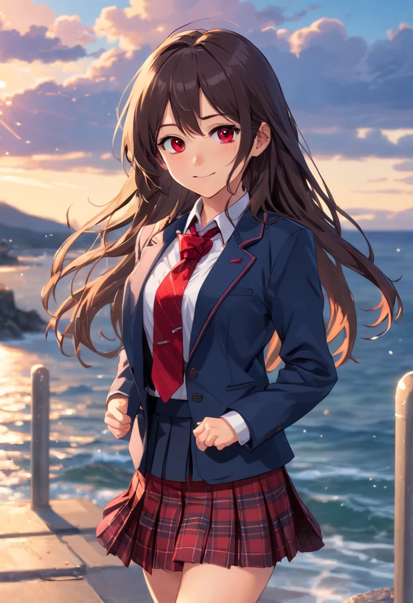 (masutepiece:1.2, top-quality), (Realistic, Photorealistic:1.4), Beautiful illustration, NSFW, Looking at Viewer, Cowboy Shot, Front view:0.6, 1 girl, Japanese, High School Girl, A dark-haired, (Long hair:1.8), Bangs, hair between eye, Red Eyes, Beautiful hair, Beautiful face, Beautiful detailed eyes, Beautiful collarbone, Beautiful body, Beautiful chest, beautiful thigh, Beautiful legs, Beautiful fingers, (Beautiful scenery), early evening, cloudiness,By the sea,Winters, ((muffler,coat,Maroon Blazer, Pleated mini-skirt, sox, Black Private School Uniforms:1.2, Houndstooth pleated skirt, Red plaid bow tie)), ((enchanting posture: 1.2, attractiveness: 1.2)), (idle), (Upper Eyes, Smile,Mouth showing teeth,a smile), Shiny skin, Perfect face, Cute and symmetrical face, Natural side lighting, Movie Lighting), Walking,