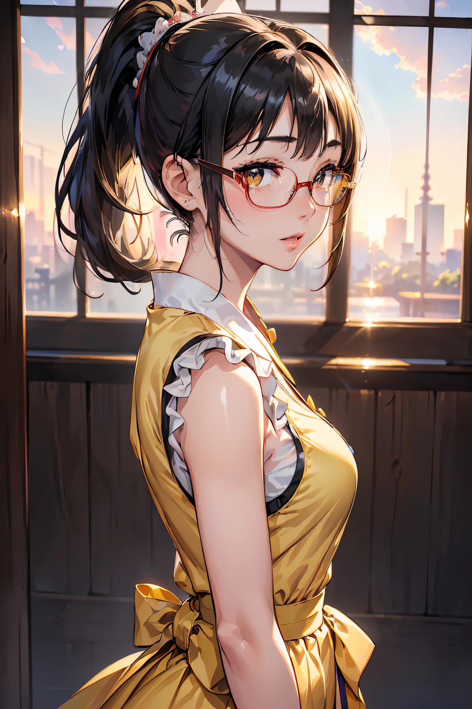 (1 Girl with Glasses:1.3, Solo), (Audrey Hepburn:1.3), (Very pretty and beautiful Japan woman), (Sexy Girl), (professional attire:1.3), (22 years old: 1.1), (Walking on the red carpet:1.3), (Attractive random poses:1.3), (At the evening royal party:1.3), (looking straight at you:1.3), (Staring at you:1.3), (Front view:1.3), (From Side:1.3), BREAK HA, (Ponytail:1.3), (shiny black fine hair:1.2), Bangs, dark brown eyes, Beautiful eyes, Princess Eyes, (Big eyes:1.3), Bangs, wears glasses:1.3, hair between eye, Short hair:1.3, (slender:1.1), (Small Medium Breasted:0.95), (thin waist: 1.15), (Detailed beautiful girl: 1.4), Parted lips, Red lips, Full makeup face, (Shiny skin), ((Perfect female body)), (Upper body image:1.3), Perfect Anatomy, Perfect proportions, (The faces of the most beautiful Korean actresses:1.3, Very cute and beautiful Japan actress face:1.3), BREAK, (View Viewer, Wearing a nice outfit, (Insanely detailed yellow camisole dress:1.3), (White sleeveless top:1.3), (pin heels:1.3), detailed  clothes, BREAK, (Detailed background on the Royal Night Party:1.2), (Dark background), (Studio Soft Lighting: 1.3), (Fake Lite: 1.3), (Backlight: 1.3), BREAK, (Realistic, Photorealistic: 1.37), (masutepiece, Best Quality: 1.2), (Ultra High Resolution: 1.2), (Raw photo: 1.2), (Sharp Focus: 1.3), (Face Focus: 1.2), (Ultra detailed CG unified 8k wallpaper: 1.2), (Beautiful skin: 1.2), (pale skin: 1.3), (hyper-sharp focus: 1.5), (Ultra Sharp Focus: 1.5), (Beautiful pretty face: 1.3), (hyper detailed background, Detail Background: 1.3), hyper realistic photography, Hyper Sharp Image, Hyper Detail Image,