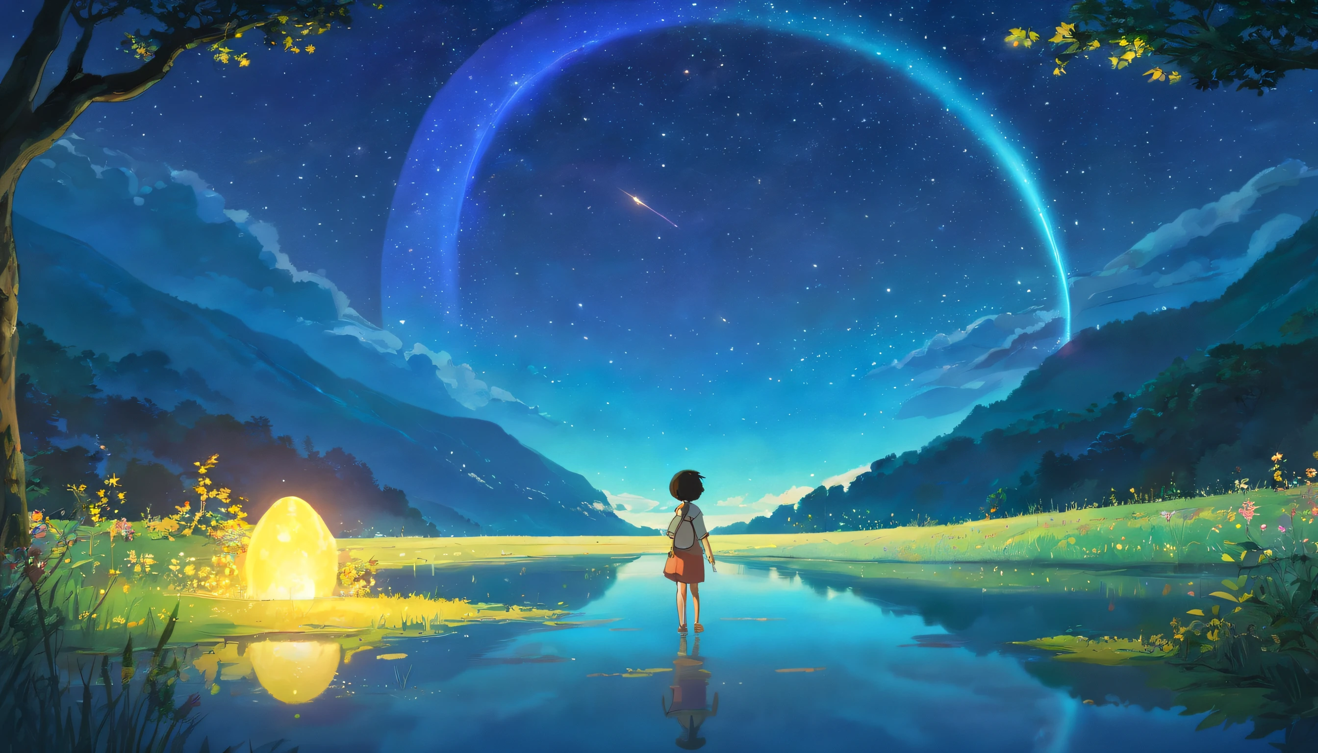 In the infinite universe, The starry sky was shrouded in pitch black darkness, A shining meteor is spinning a special story. There are small river valleys around，There was a fawn and a little boy，Fireflies appear，hyper HD