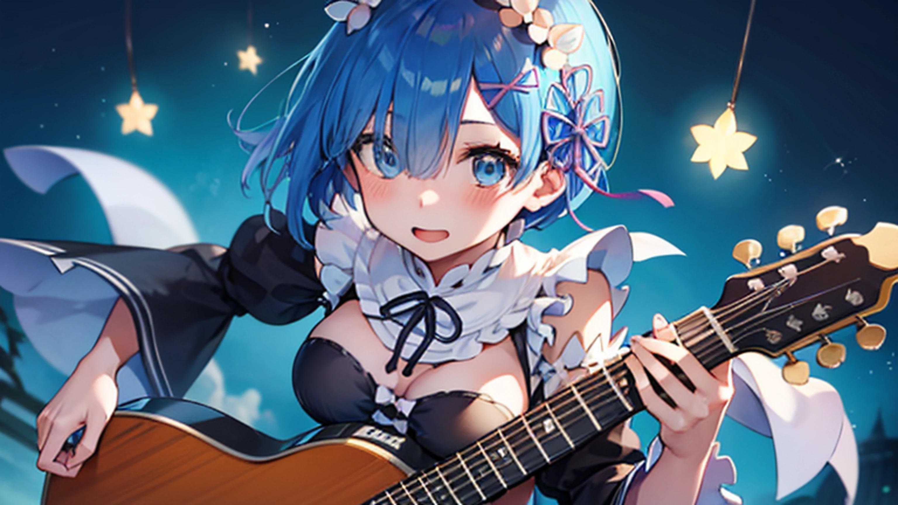 blue hair, rem \(re:zero\), [smile], blush, castle,, masterpiece, best quality, perfect lighting, 1girl, skirt, medium breasts, (((playing the guitar)))