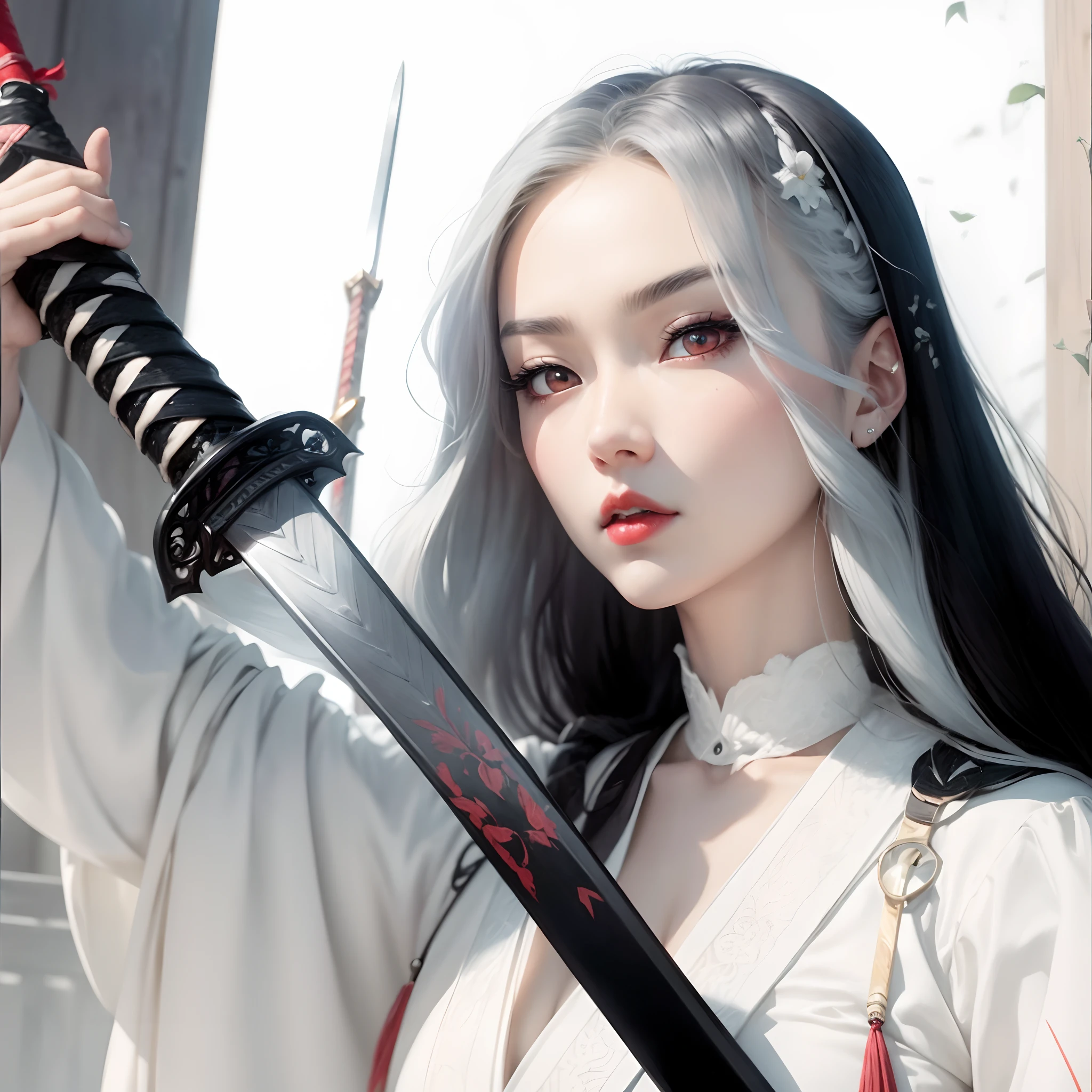 ((masterpiece)), (8k, high_resolution), (best quality), ultra-detailed, beautiful eyes, detailed eyes, red lips, red eyes, front view, looking at camera, woman with red lips holding a katana in front of her face, she is holding a katana sword, katana, unsheathing her katana, holding katana, inspired by Ayako Rokkaku, japanese gothic, posing with a sword, she is holding a sword, with large katana, cruel korean goth girl, inspired by Edo Murtić, detailed katana, detailed gear, detailed armor
