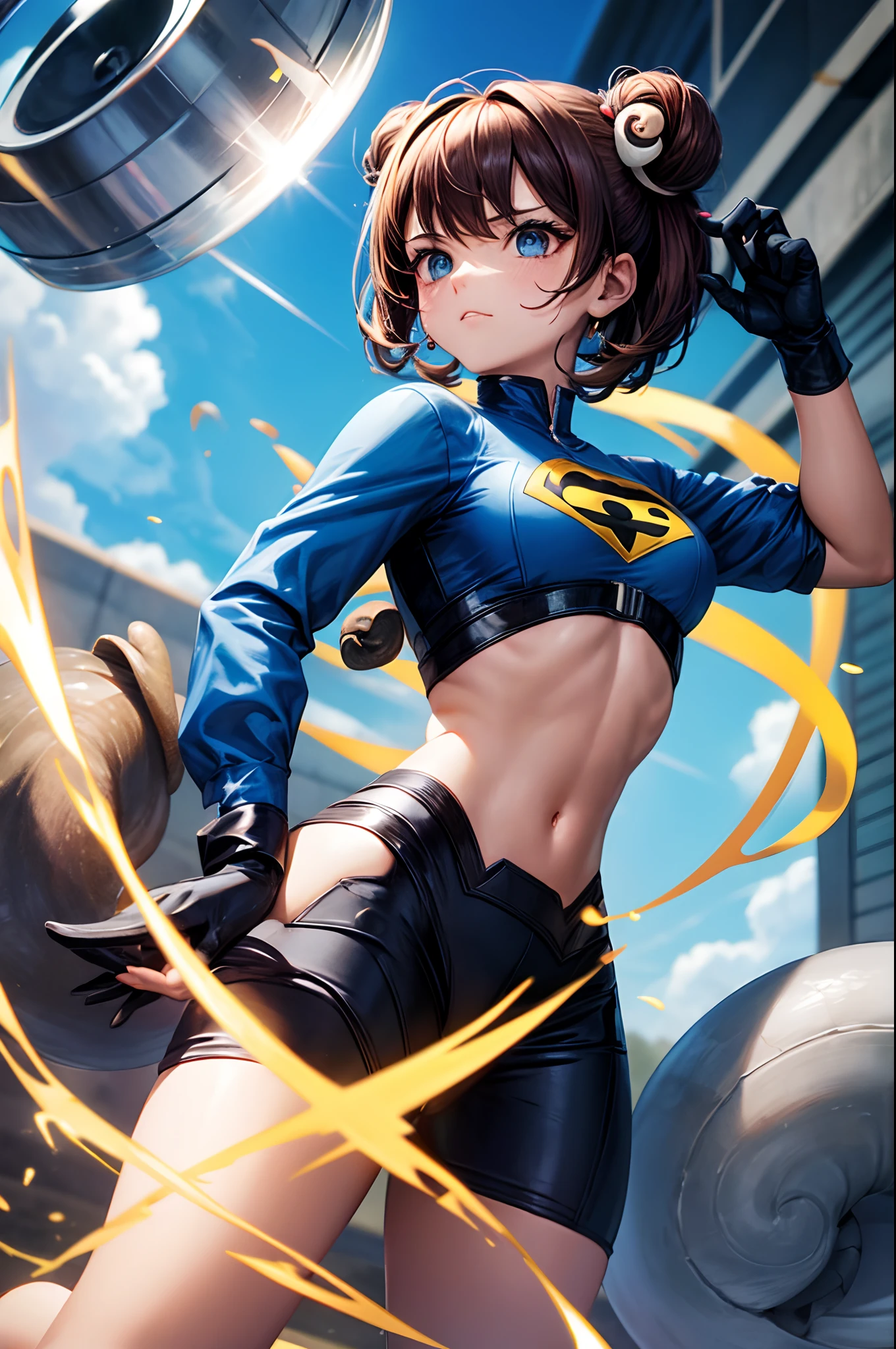 young girl, Long brown hair, high ponytail, Cyan eyes, Blue and yellow superhero uniform, Masterpiece, hiquality, leotard, bare legs, boots, standing, raised arms, spinning like a tornado, cyclone spinning, rapid gyration, full body shot