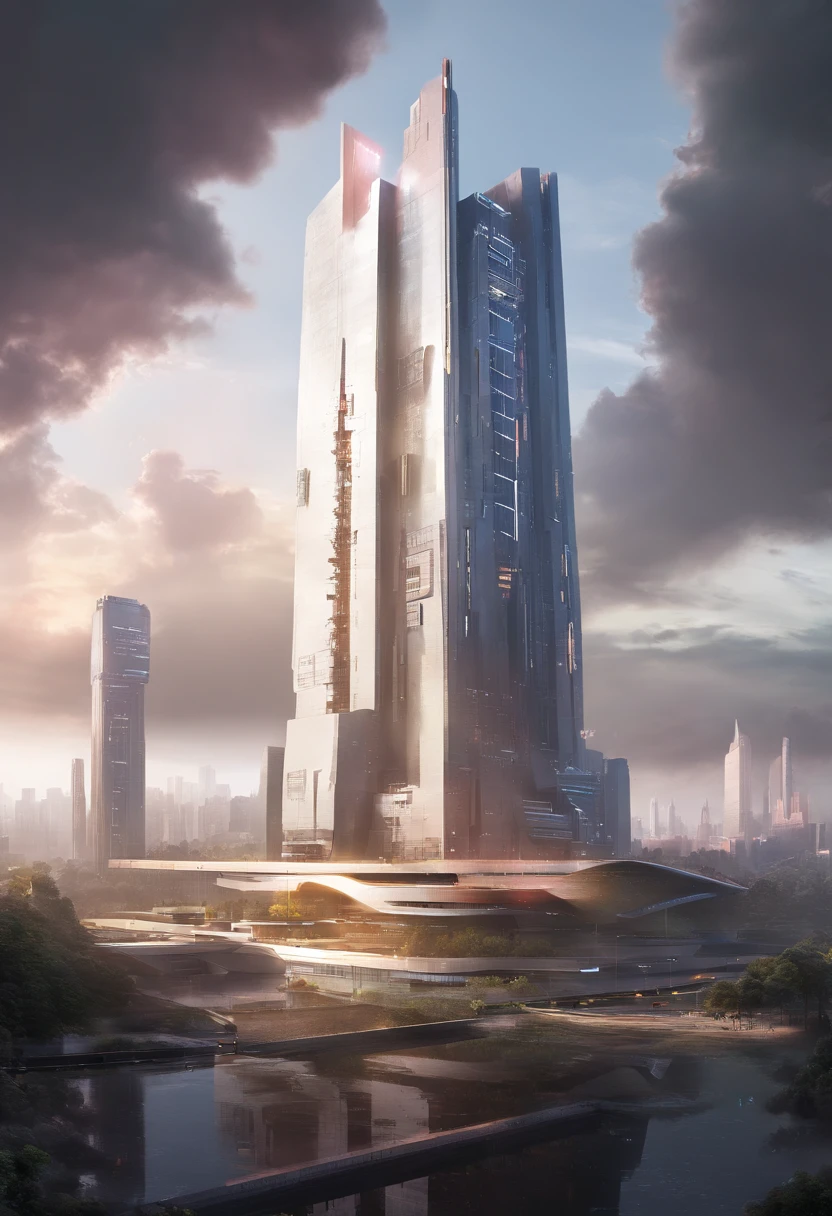 Game Academy,Ethno-style architecture,Ancient Chinese,(Future science fiction,neon lit,The cyberpunk,Hologram aura、Particle effects),Structurally sound、high-definition details,perfect works,White background,(tmasterpiece,premier quality,best qualitiy,officlal art,Beauty and aesthetics:1.2),(8K,best qualitiy,tmasterpiece:1.2)Military base on tower)) tower in shape of a PE
