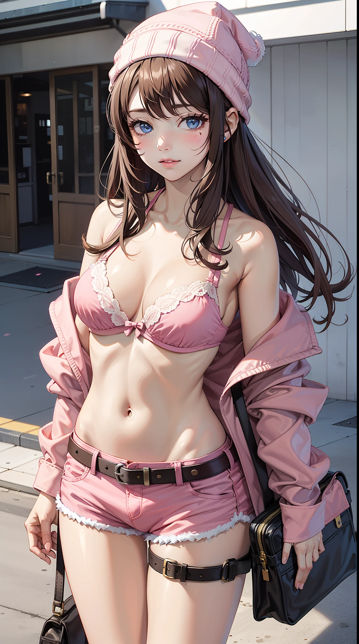 1girl, breasts, thigh strap, belt, solo, pink headwear, hair ornament, blue eyes, hat, body writing, looking at viewer, mole, cowboy shot, collarbone, brown hair, bra, underwear, long hair, pink bikini, pink bra, big breasts, buckle, off shoulder, beanie, baseball cap, bare shoulders, jacket, skindentation, rating:safe, shorts, belt buckle, clothes writing, flower, blush, artist name, pink shirt, bikini, cleavage, mole under eye, pink scarf, standing, open clothes, swimsuit, facial mark, Yusuke Murata