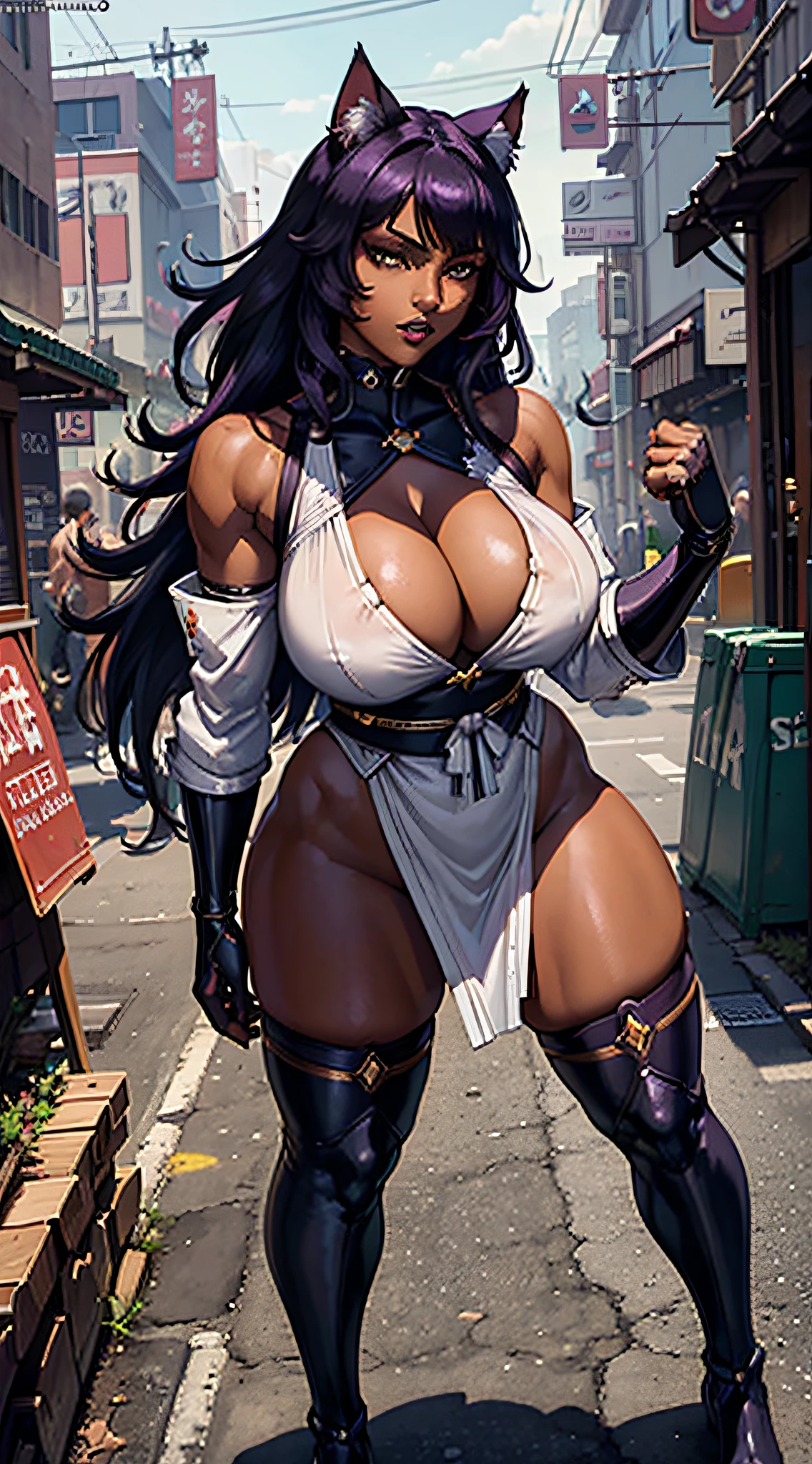 NSFW (masterpiece, best quality:1.3), highly detailed, intricate, professional art, digital art, 8K, blake belladonna, (african woman: 2.3), (dark skin: 2.8), (muscular body: 1.9), (cyberpunk complex background, outdoors:1.15), outside night club, cowboy shot, animal eyes, cat ears, cat eyes, black hair, long hair, blunt bangs, lipstick, (purple makeup:1.1), black eyeshadow, smokey ice, detailed hair, ultra detailed face, yellow eyes, perfect eyes, perfect face, (very dark skin: 1.8), african, (tail:0), (japanese clothes:1.1), detached sleeves, (hip vent:0.9), (bridal gauntlets:1.1), shrug (clothing), black gloves, elbow gloves, (young female, 18 years old:1.1, dark-skinned: 2.4), Huge Breasts, cleavage. Exposing her fat futa cock and balls.