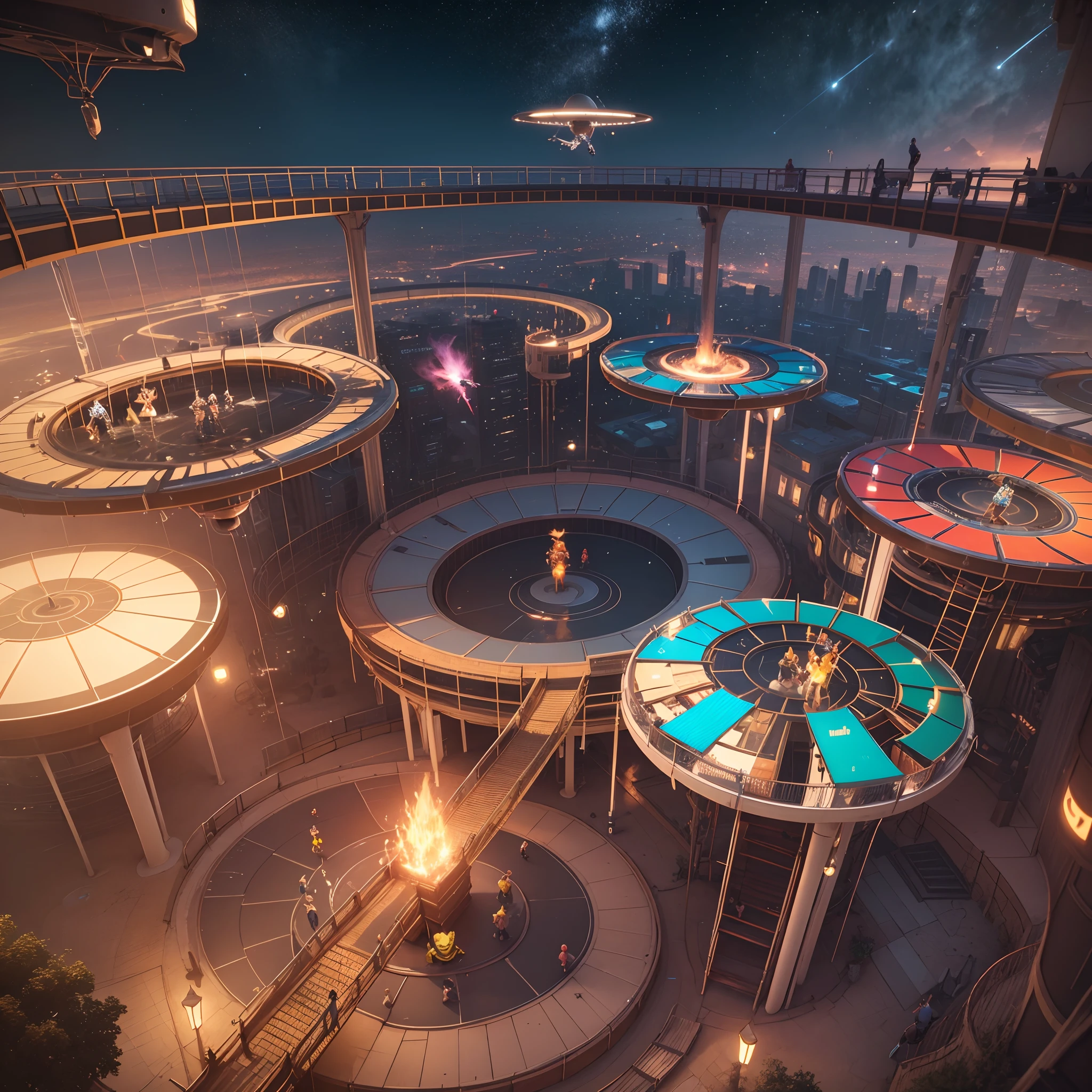 Aerial view shot of an African playground full of playing African children dressed in african designed futuristic clothes, with marks around the face, spaceships flying in the sky,  futuristic drones flying in the sky, futuristic swings and trampolines and children games in the scene, bright and vibrant light shining, with iridescent light, scifi art, cinematic lighting, artgerm style, 32k, ultra HD, unreal engine rendered, octane 3d rendering, highly detailed images --auto --s2