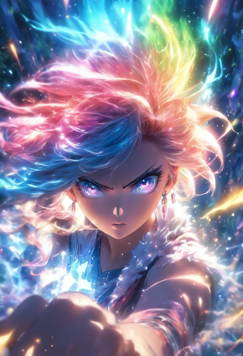 (best quality,4k,8k,Altas,master part:1.2),ultra-detalhado,(Realistic,fotorrealista,photo-realistic:1.37),Female with bright teary eyes,rainbow colored hair,Casting Brilliant Spells,mystic forest,atmosfera encantada,cores vibrantes,soft lighting, Preto e branco