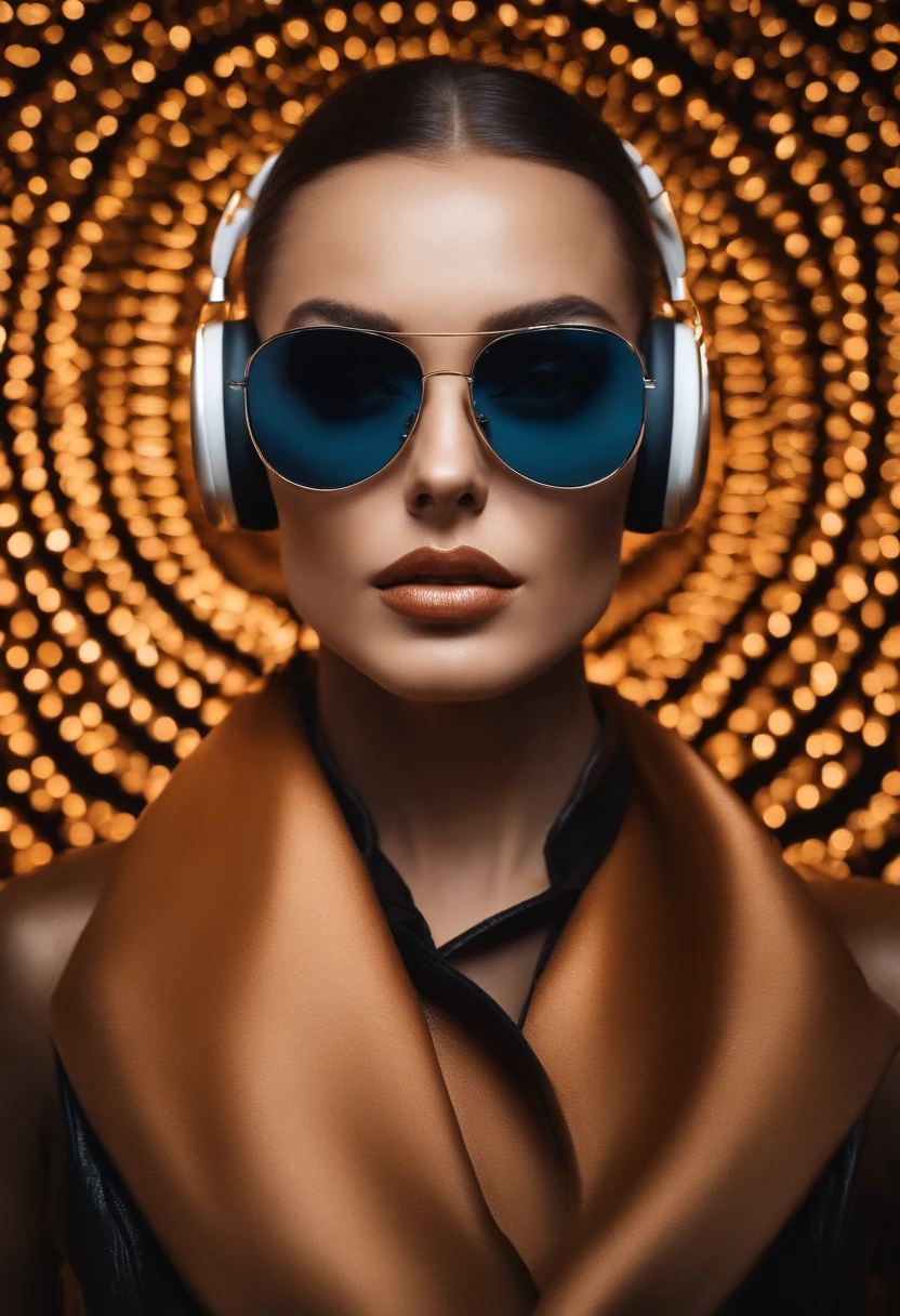 Perfect centralization, coruja bonita, Use uma jaqueta, wearing sunglasses, Usando fones de ouvido, alegria, Standing position, beleza abstrata, Centrado, looking at the camera, Facing the camera, Approaching perfection, Dynamic, altamente detalhado, liso, foco nítido, 8k