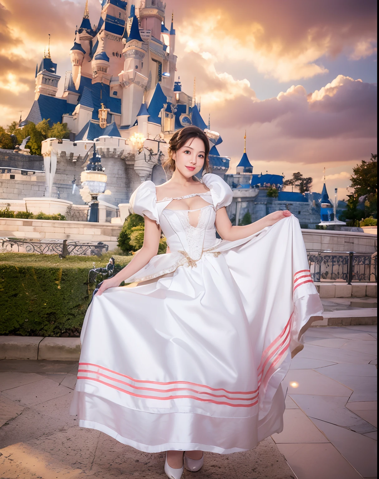 Cinderella, magical castle background, good lighting, face no change, realistic, face shape no change, white skin, protruding cleavage, 8k