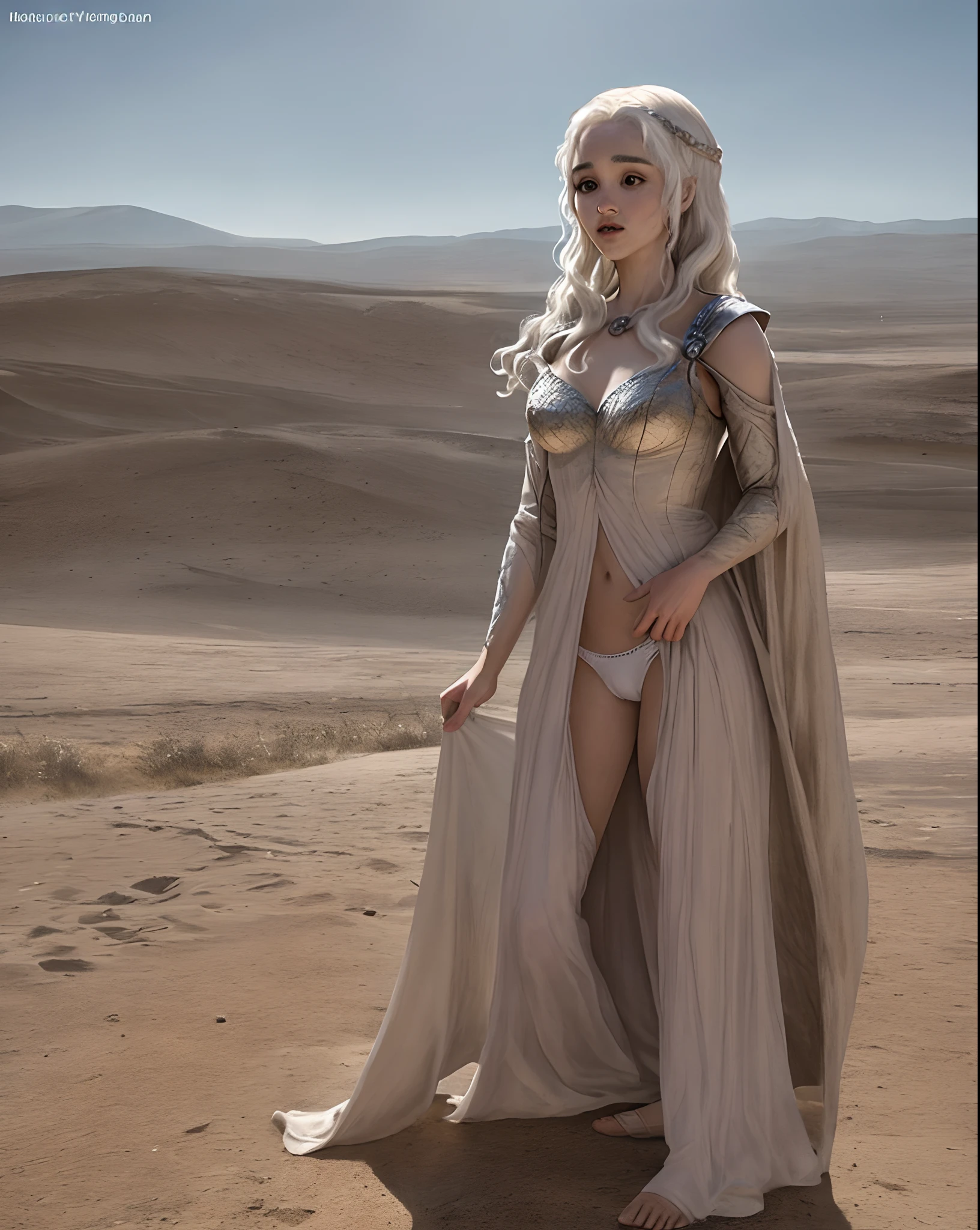 Beautiful Daenerys Targaryen in a desert, see through underwear. Realistic.  visible