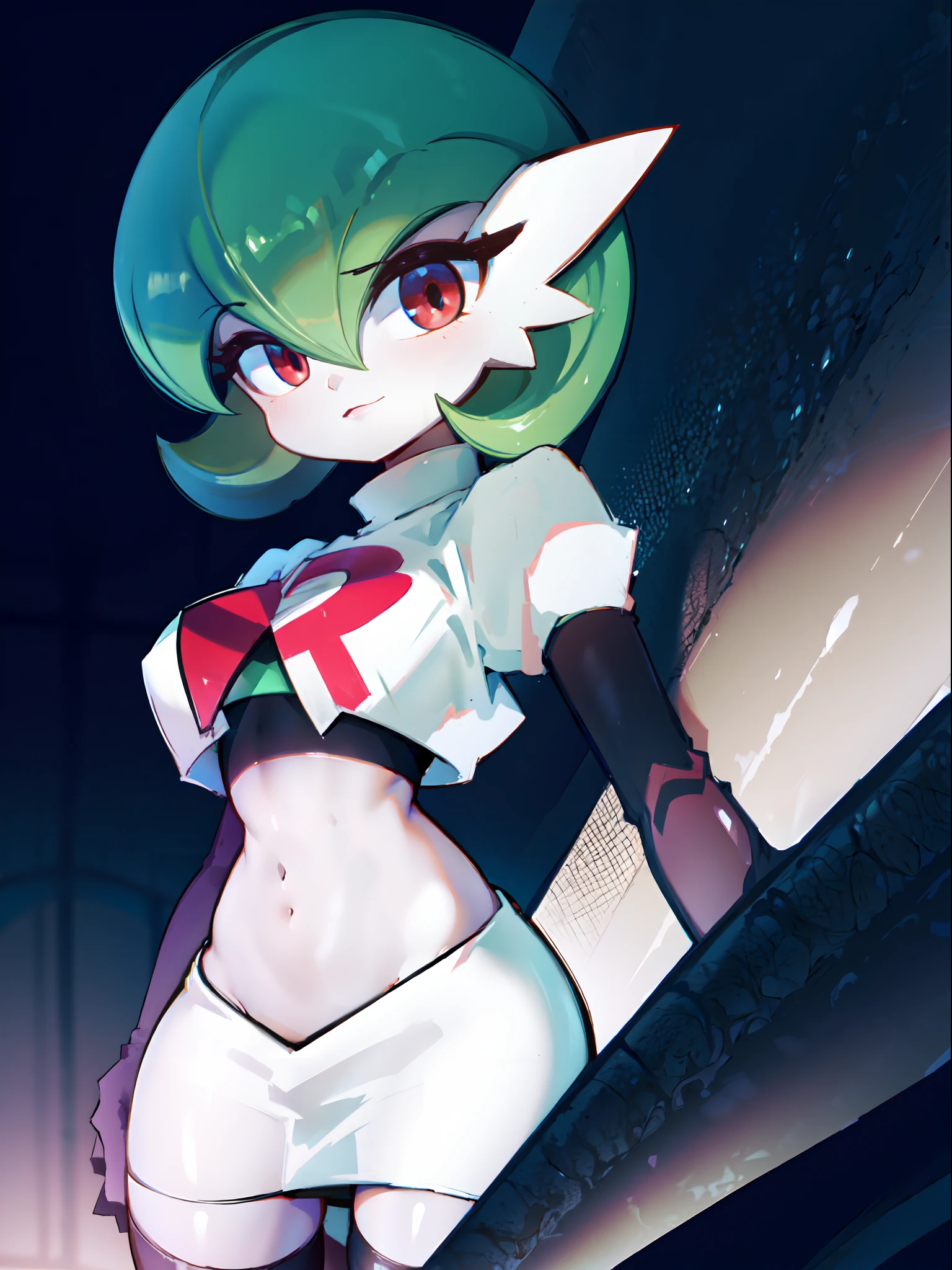 gardevoir,1girl,team rocket,team rocket uniform,white skirt,crop top,black thigh-highs,black elbow gloves,