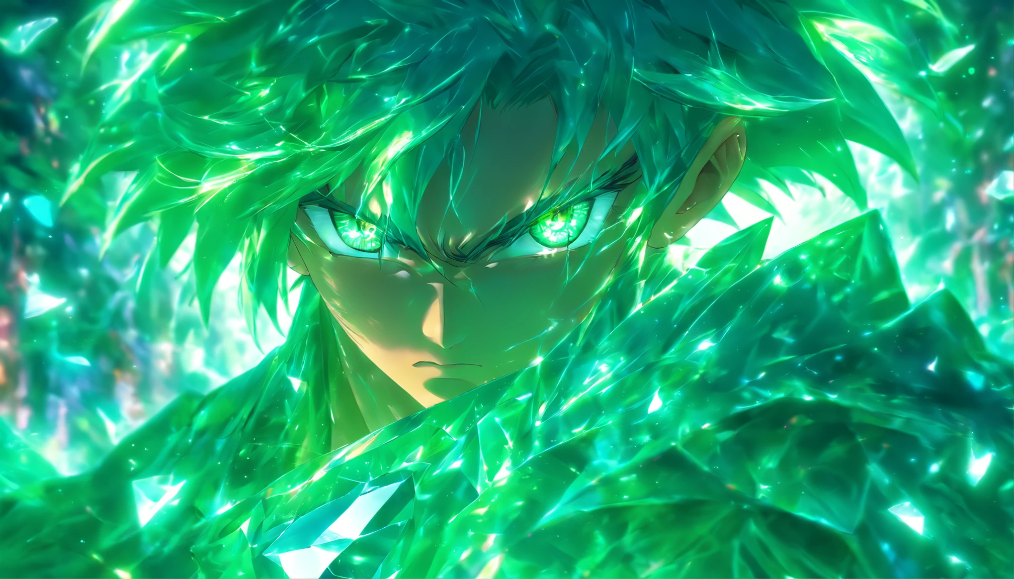 (Best quality,4K,8K,A high resolution,Masterpiece:1.2),Ultra-detailed,(Realistic,Photorealistic,photo-realistic:1.37),male people，Diamond-colored eyes glow,Emerald hair,Cast luminous spells,mystical forest,illustration,Enchanting atmosphere,Vibrant colors,Soft lighting
