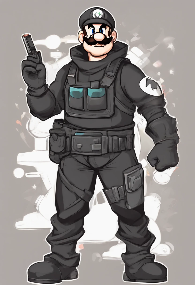 Man with black shirt, black pants with gun holsters, gloves, a black gas mask with one sided filter, helmet, no face, vest
