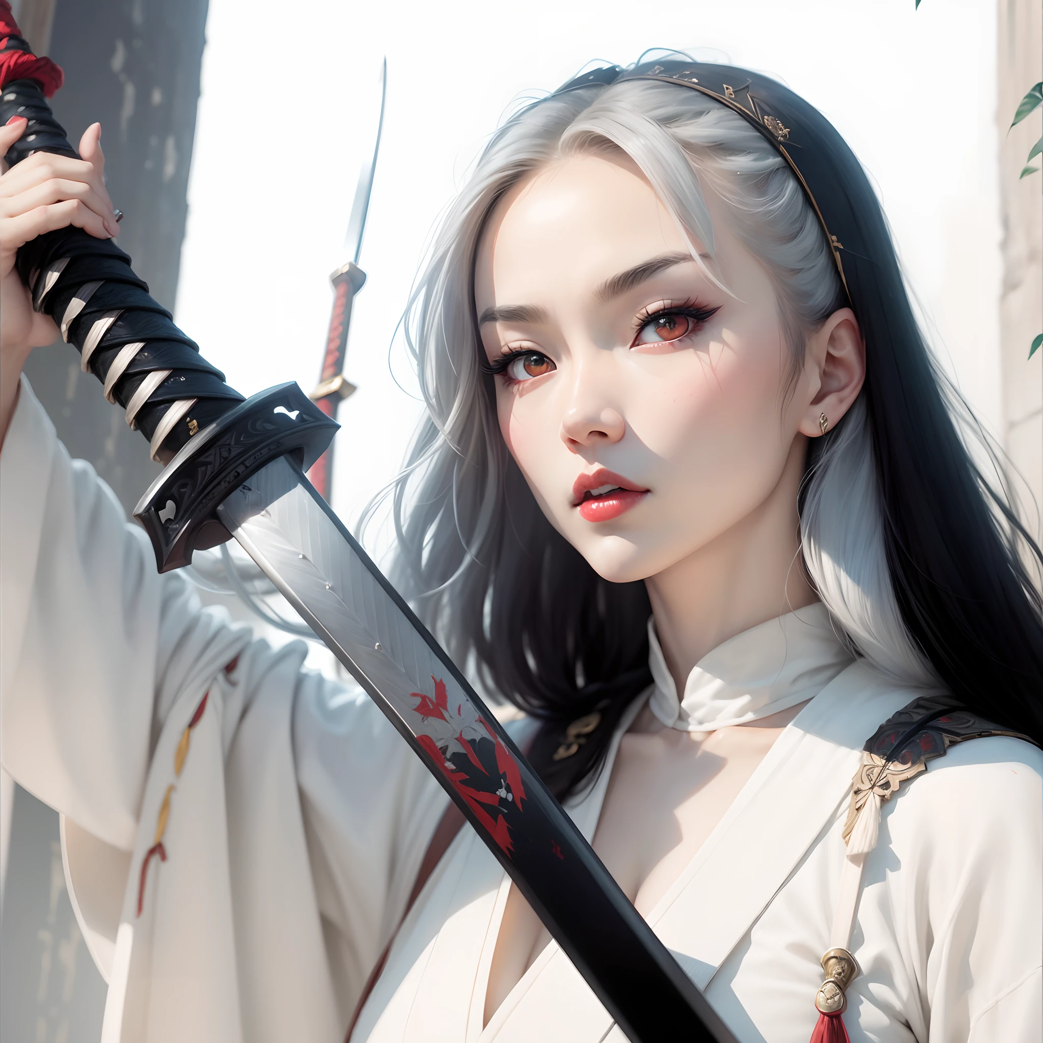 ((masterpiece)), (8k, high_resolution), (best quality), ultra-detailed, beautiful eyes, detailed eyes, red lips, red eyes, front view, looking at camera, woman with red lips holding a katana in front of her face, she is holding a katana sword, katana, unsheathing her katana, holding katana, inspired by Ayako Rokkaku, japanese gothic, posing with a sword, she is holding a sword, with large katana, cruel korean goth girl, inspired by Edo Murtić, detailed katana, detailed gear, detailed armor