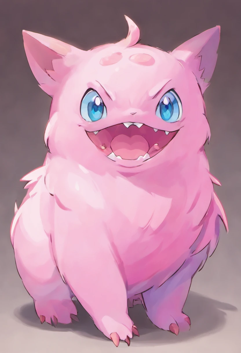 Pink gum like creature with claws blue eyes, wide mouth scary