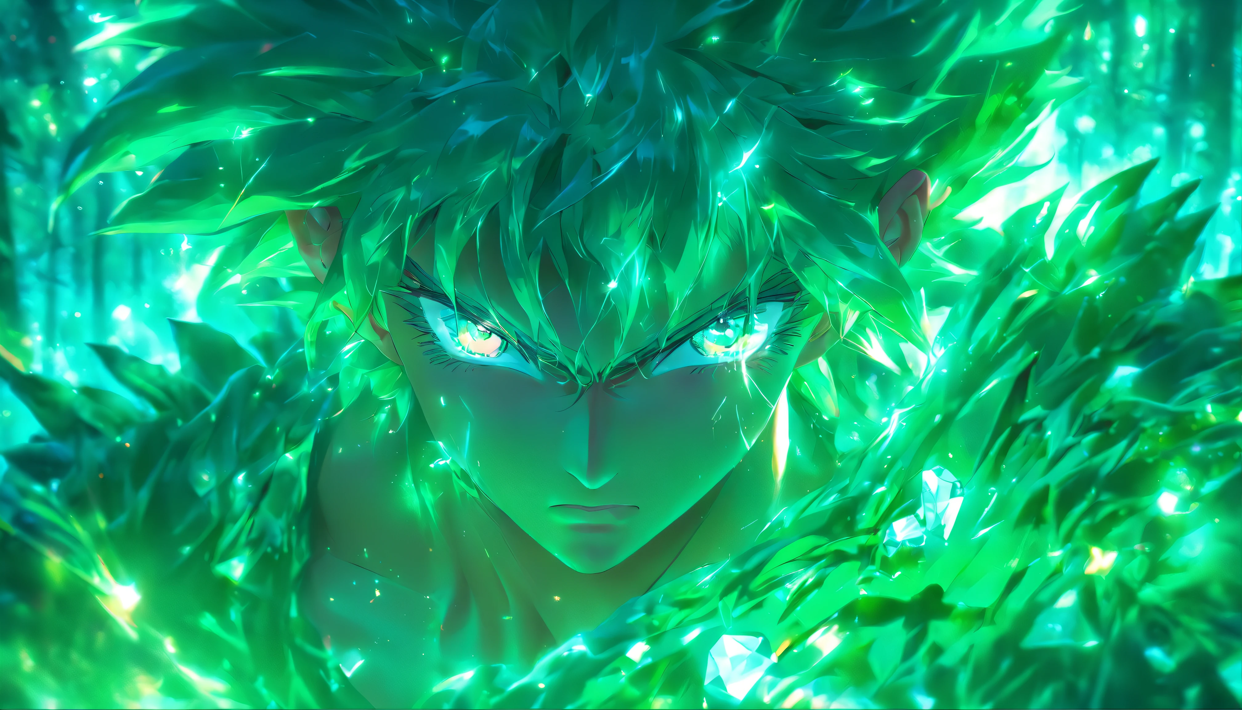 (Best quality,4K,8K,A high resolution,Masterpiece:1.2),Ultra-detailed,(Realistic,Photorealistic,photo-realistic:1.37),male people,Diamond-colored eyes glow,Emerald hair,Cast luminous spells,mystical forest,illustration,Enchanting atmosphere,Vibrant colors,Soft lighting