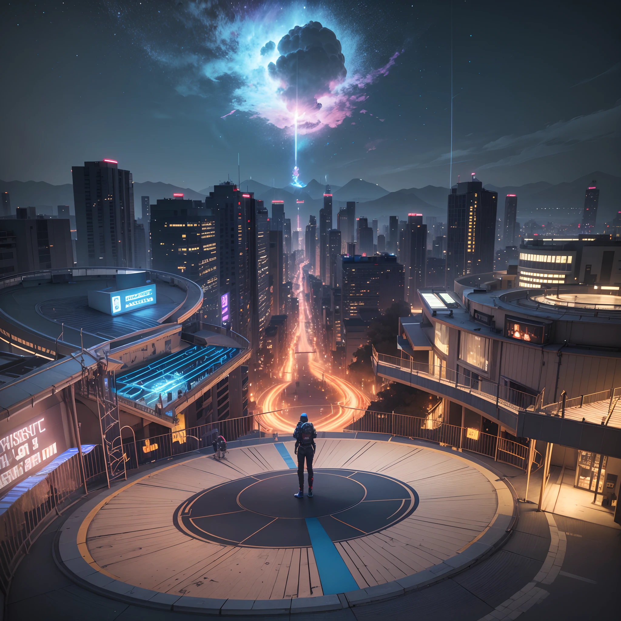 Aerial view shot of an African playground full of playing African children dressed in african designed futuristic clothes, with marks around the face, spaceships flying in the sky, futuristic drones flying in the sky, futuristic swings and trampolines and children games in the scene, bright and vibrant light shining, with iridescent light, scifi art, cinematic lighting, artgerm style, 32k, ultra HD, unreal engine rendered, octane 3d rendering, highly detailed images --auto --s2