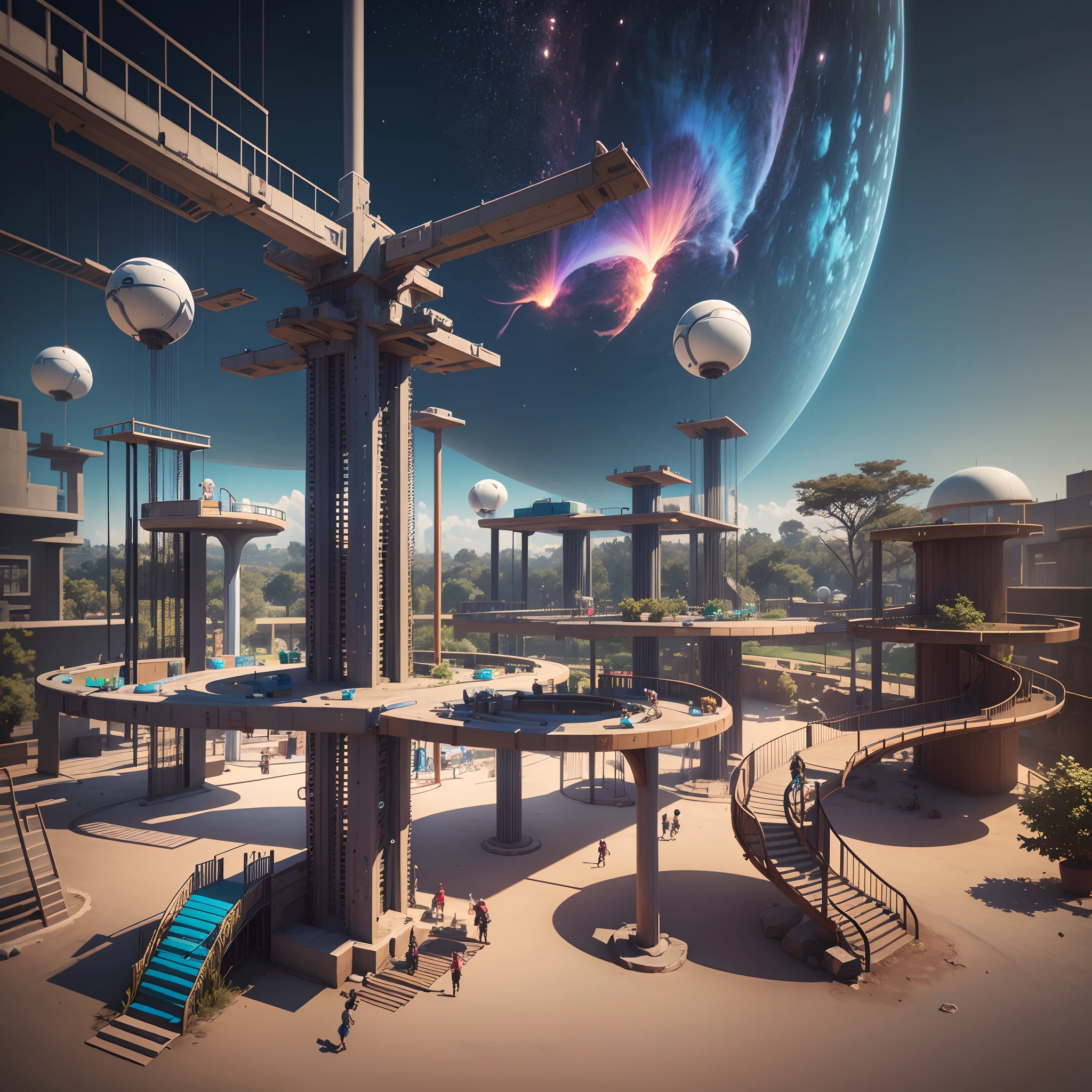 Aerial view shot of an African playground full of playing African children dressed in african designed futuristic clothes, with marks around the face, spaceships flying in the sky, futuristic drones flying in the sky, futuristic swings and trampolines and children games in the scene, bright and vibrant light shining, with iridescent light, scifi art, cinematic lighting, artgerm style, 32k, ultra HD, unreal engine rendered, octane 3d rendering, highly detailed images --auto --s2