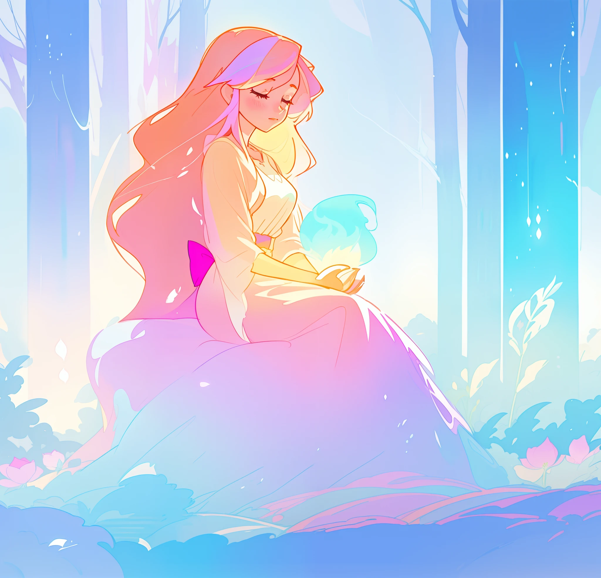beautiful girl in flowing dress sitting in a forest, winter forest background, long golden pink hair, white blue and purple color background, watercolor illustration, inspired by Glen Keane, inspired by Lois van Baarle, disney art style, by Lois van Baarle, glowing aura around her, by Glen Keane, jen bartel, glowing lights! digital painting, flowing glowing hair, glowing flowing hair, beautiful digital illustration, fantasia otherworldly landscape plants flowers, beautiful, masterpiece, best quality, anime disney style