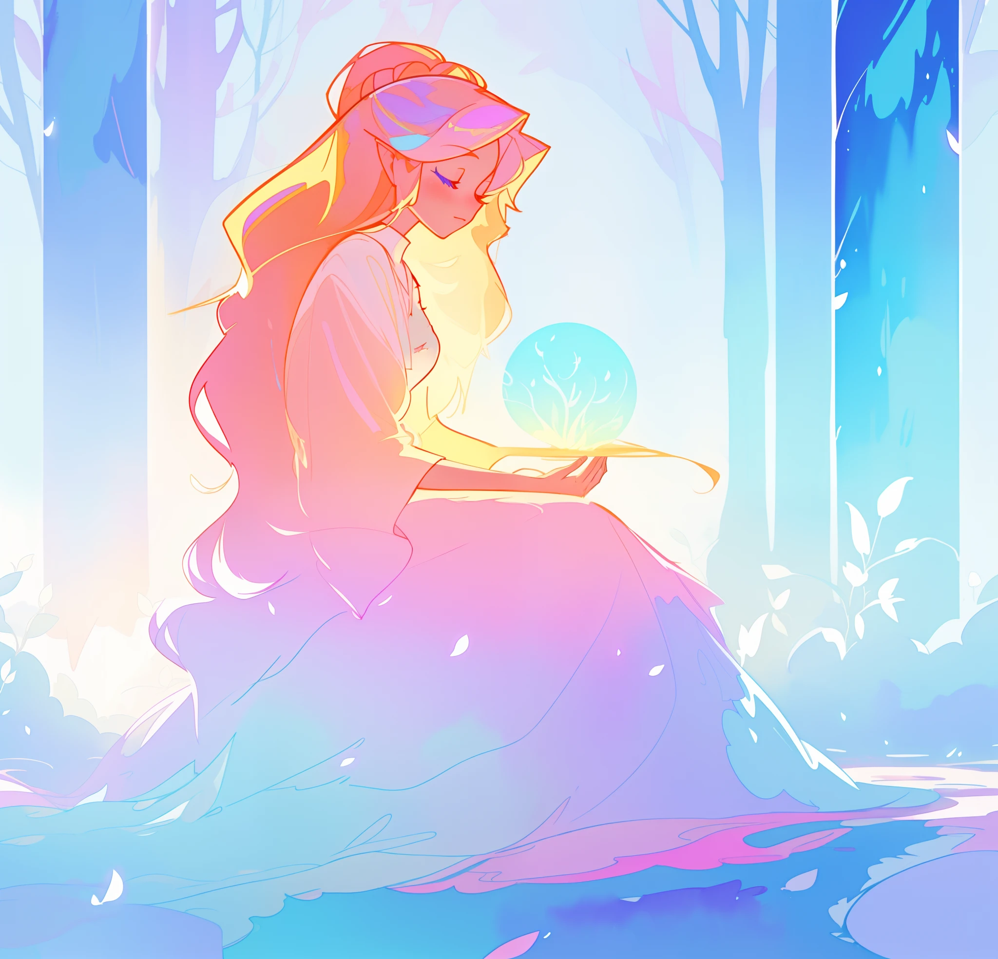 beautiful girl in flowing dress sitting in a forest, winter forest background, long golden pink hair, white blue and purple color background, watercolor illustration, inspired by Glen Keane, inspired by Lois van Baarle, disney art style, by Lois van Baarle, glowing aura around her, by Glen Keane, jen bartel, glowing lights! digital painting, flowing glowing hair, glowing flowing hair, beautiful digital illustration, fantasia otherworldly landscape plants flowers, beautiful, masterpiece, best quality, anime disney style
