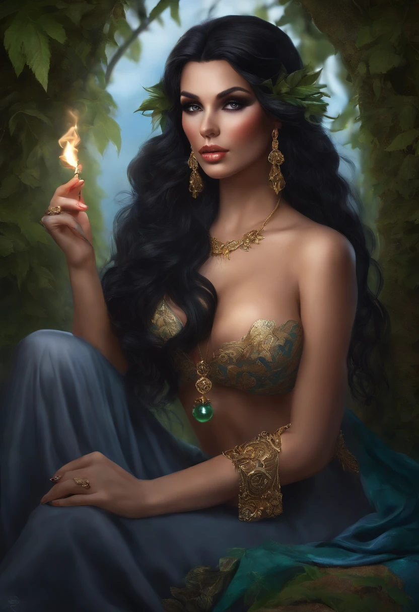 Sexy, busty, naked, black hair, smoking pipe, elf