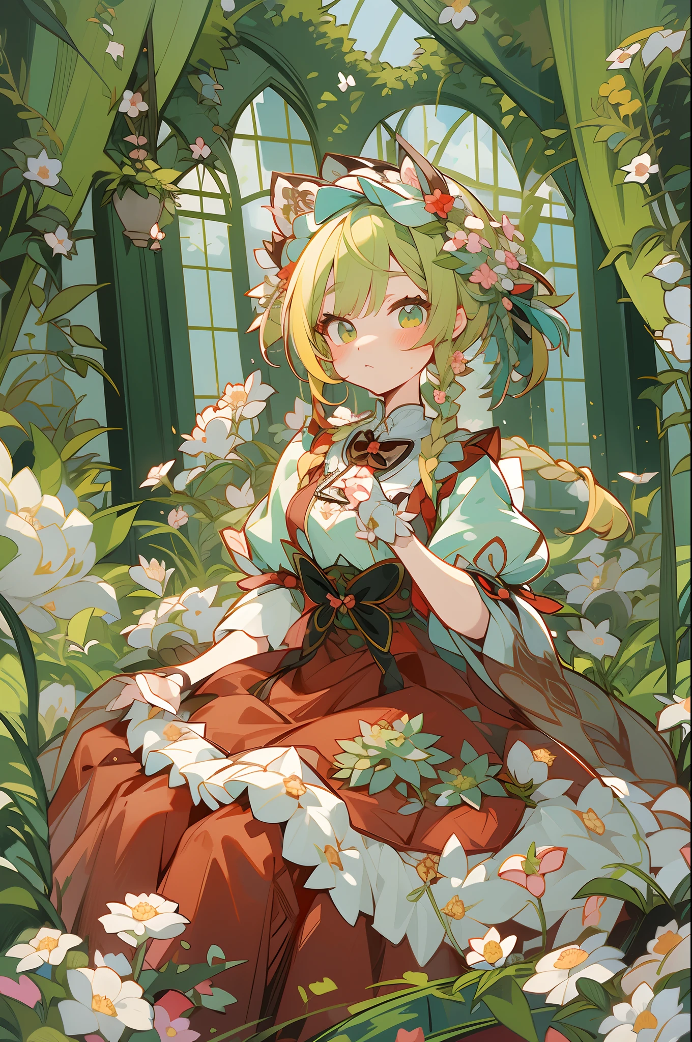 (1 Gothic Lolita), (standing full-body), (Full body standing painting), 1 Princess，(standing full-body)，独奏, BJD dolls, Blush, long  skirt，character  design, fanciful, alice in the wonderland, Gothic Lolita red dress, Green high socks, White flowers, ((red colour)), Blonde hair, Short hair, Double up braid, tmasterpiece, top Quority，best qualtiy，超高分辨率，Exquisite facial features,